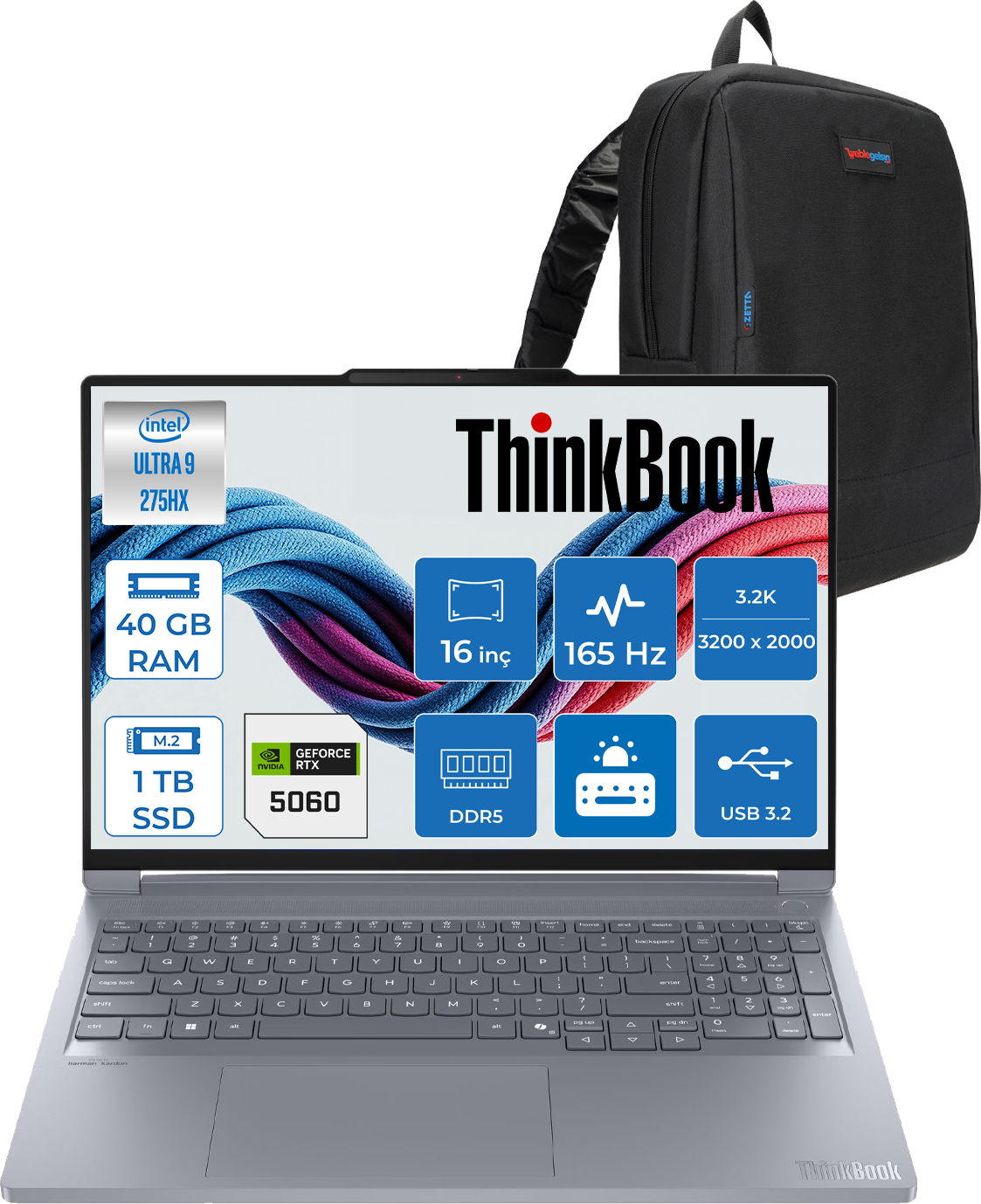 Siyah sırt çantalı gümüş ThinkBook dizüstü bilgisayar. Özellikler: Intel Ultra 9, 40 GB RAM, 1 TB SSD, RTX 5060.