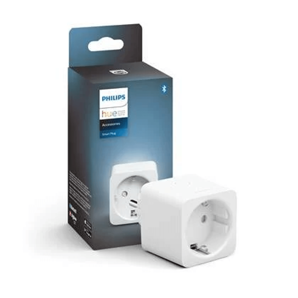 Prise intelligente Philips Hue blanche à côté de son emballage.