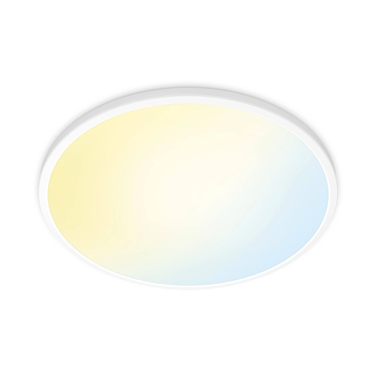 Witte plafondlamp met een kleurverloop van geel naar blauw.