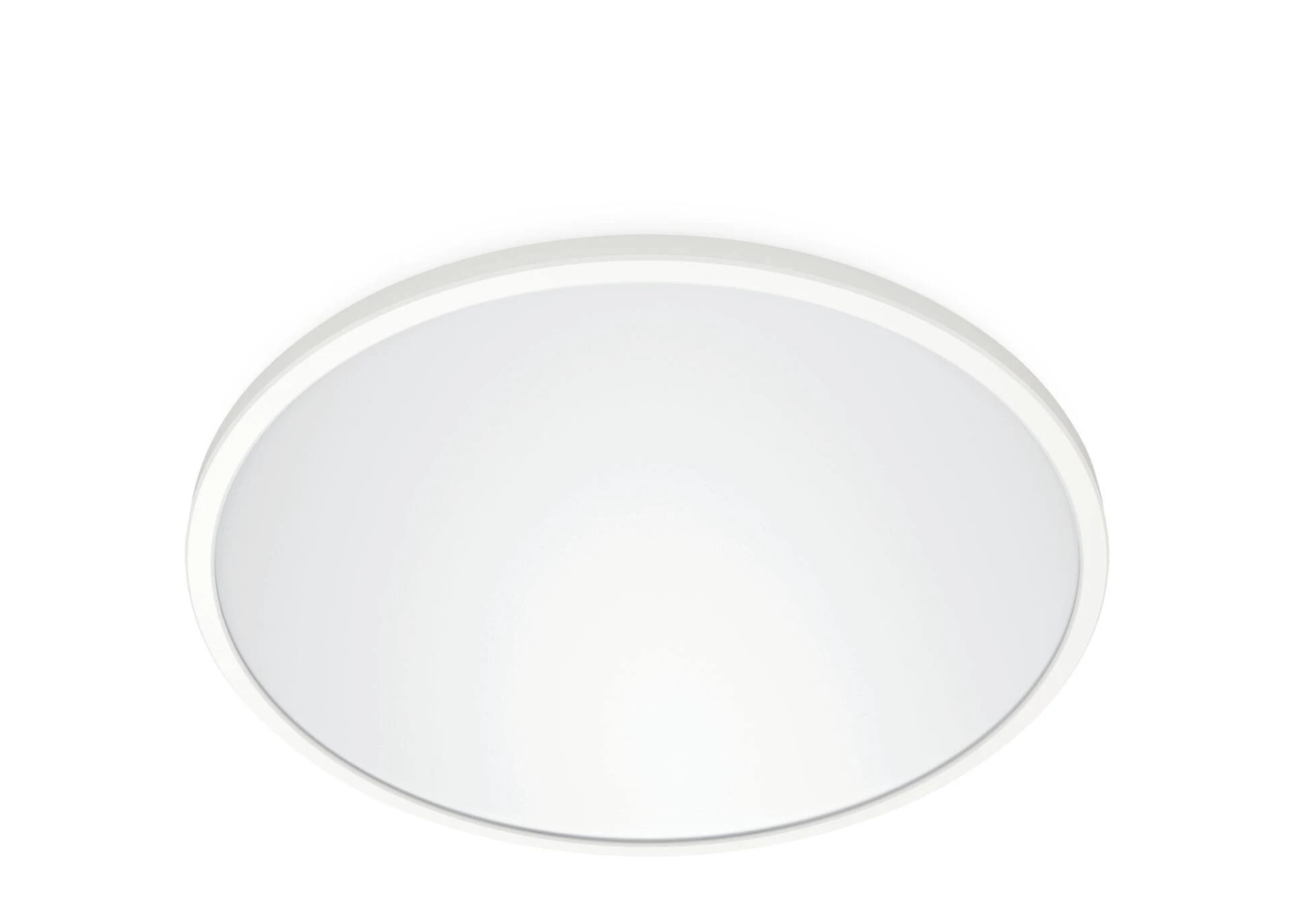 Een witte, ronde, platte plafondlamp.