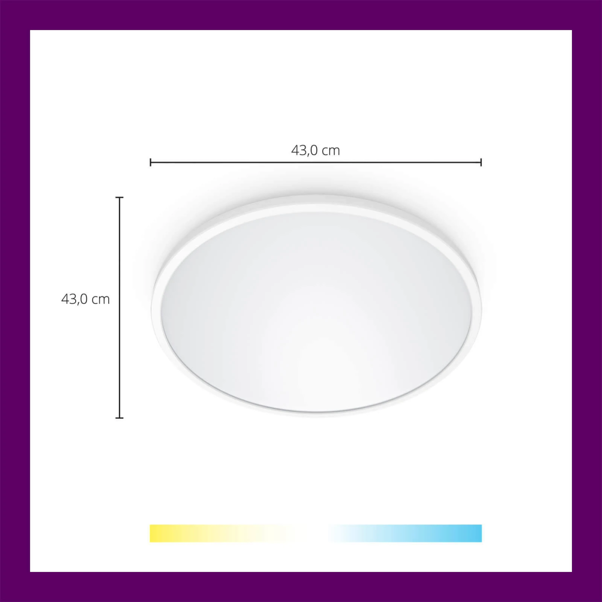 Witte plafondlamp, 43cm diameter, met kleurentemperatuurindicator.