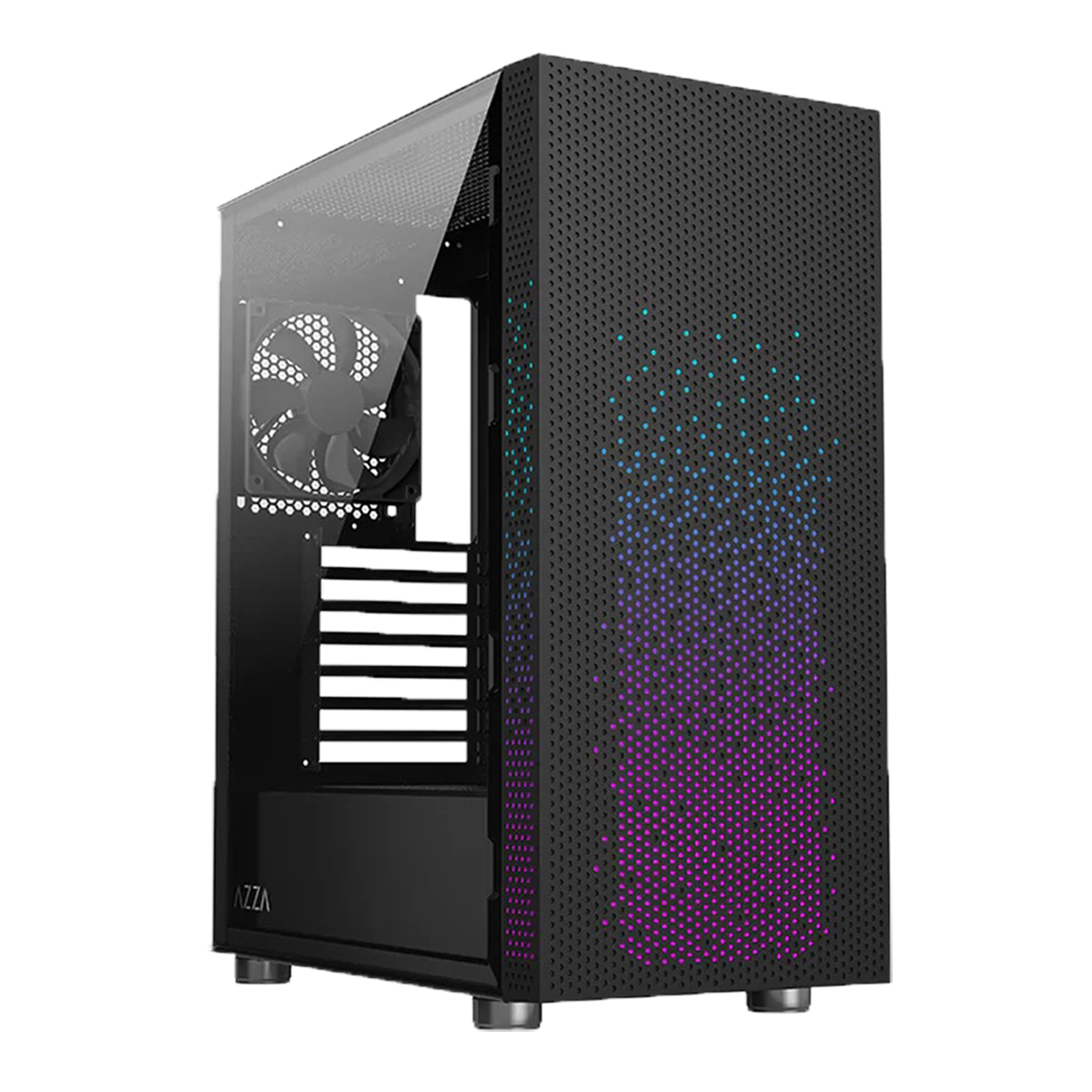 Schwarzer Gaming-PC-Turm mit Glasfenster und beleuchtetem Muster.