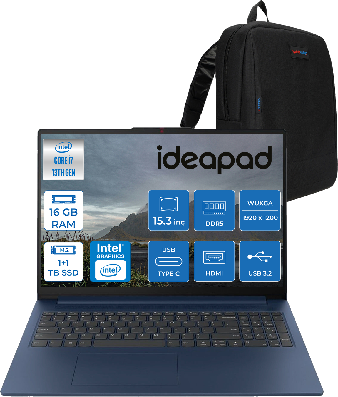 LENOVO IdeaPad Slim 3 15IRH10 Wuxga IPS 300NITS 83K10060TRF04 Intel Core i7-13620H 16 GB RAM 1 TB SSD 15,3 inç FreeDOS Laptop Mavi