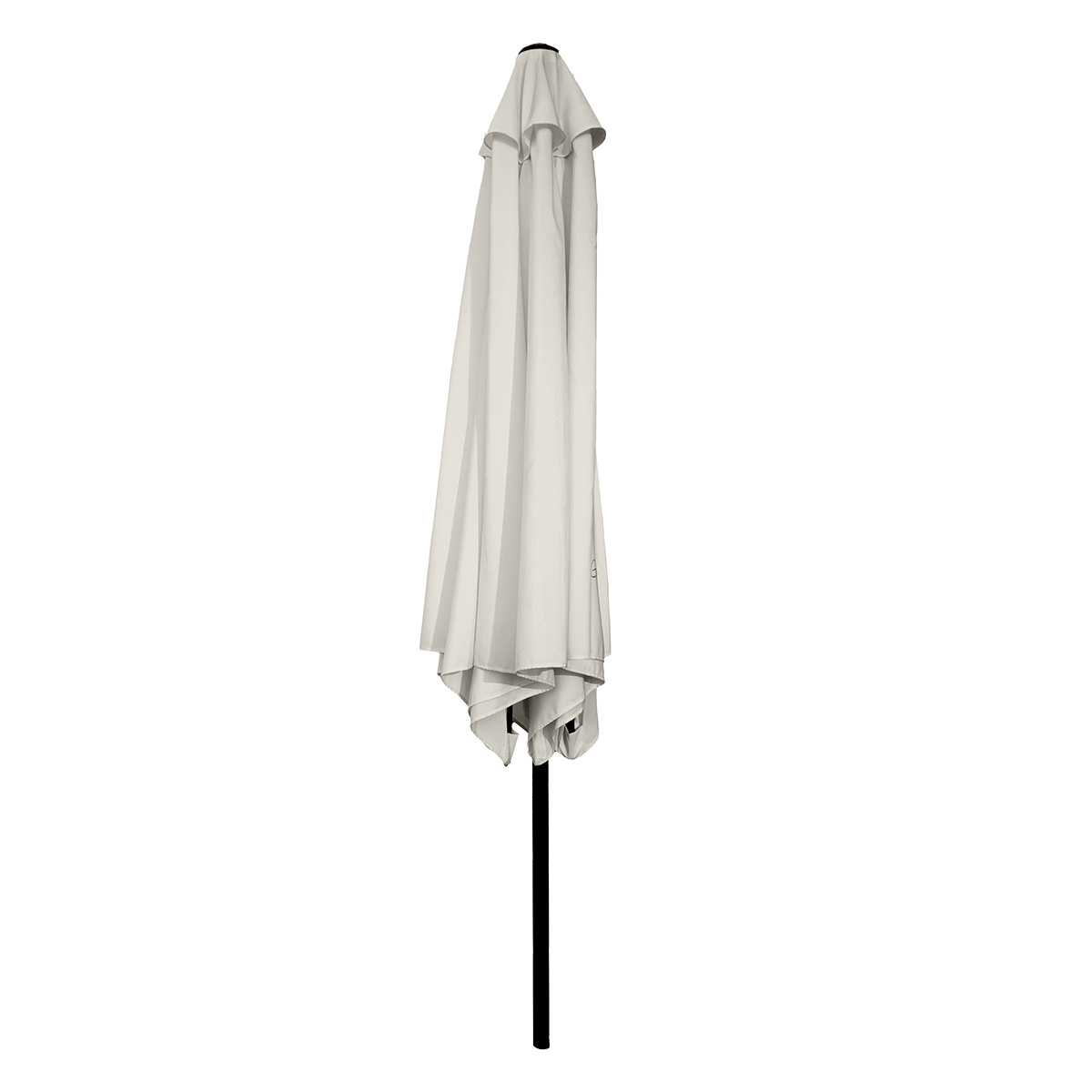 Un parasol cerrado, color crema, con poste negro sobre fondo blanco.
