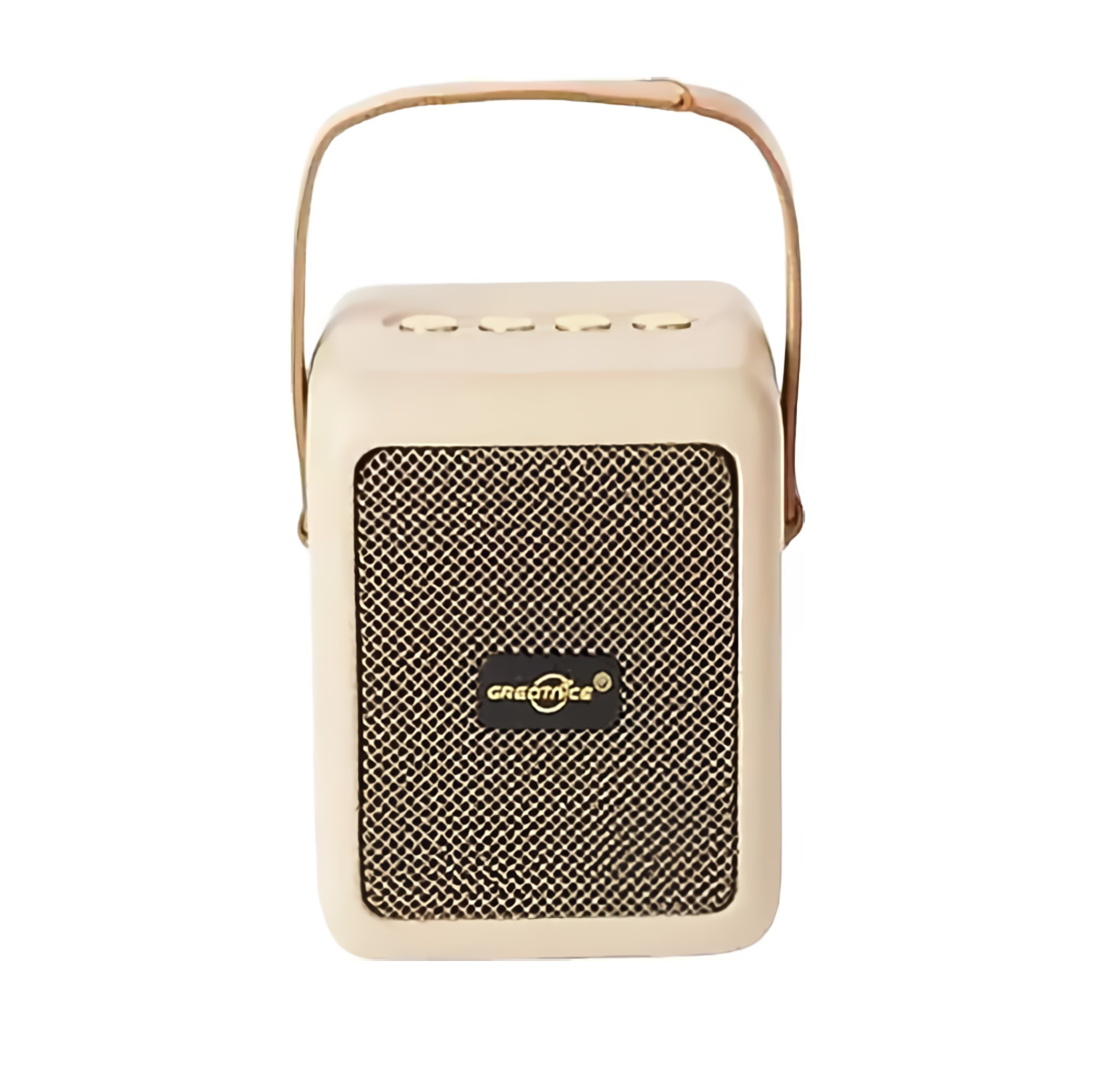 Un altavoz portátil color crema con asa de cuero y frente de malla.