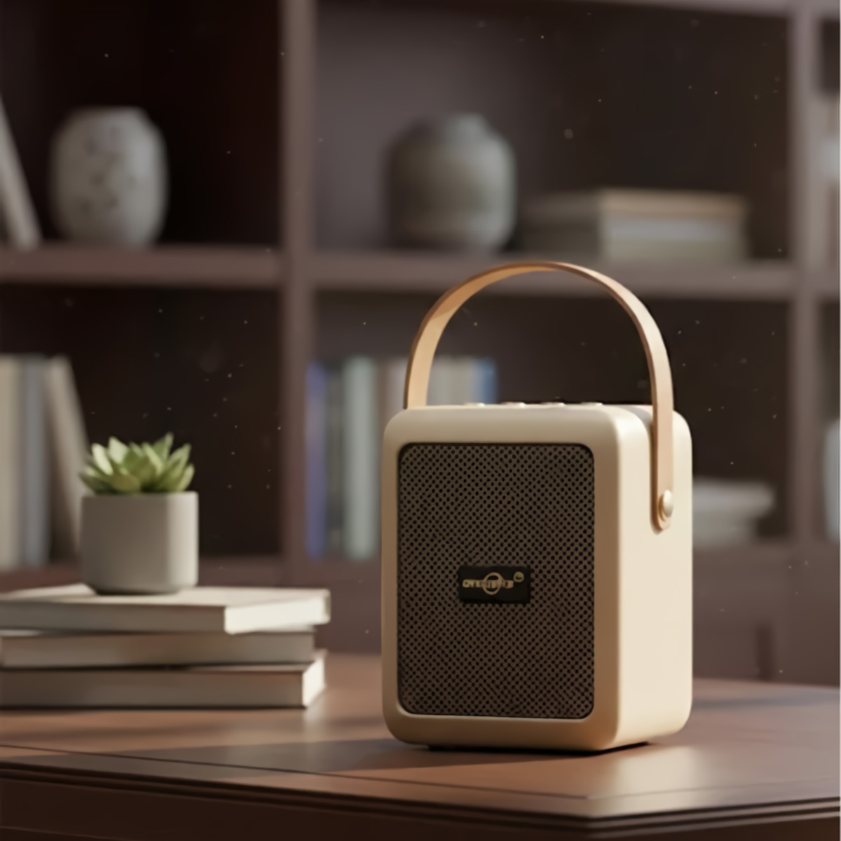 Un altavoz beige con asa está sobre una mesa frente a una estantería.