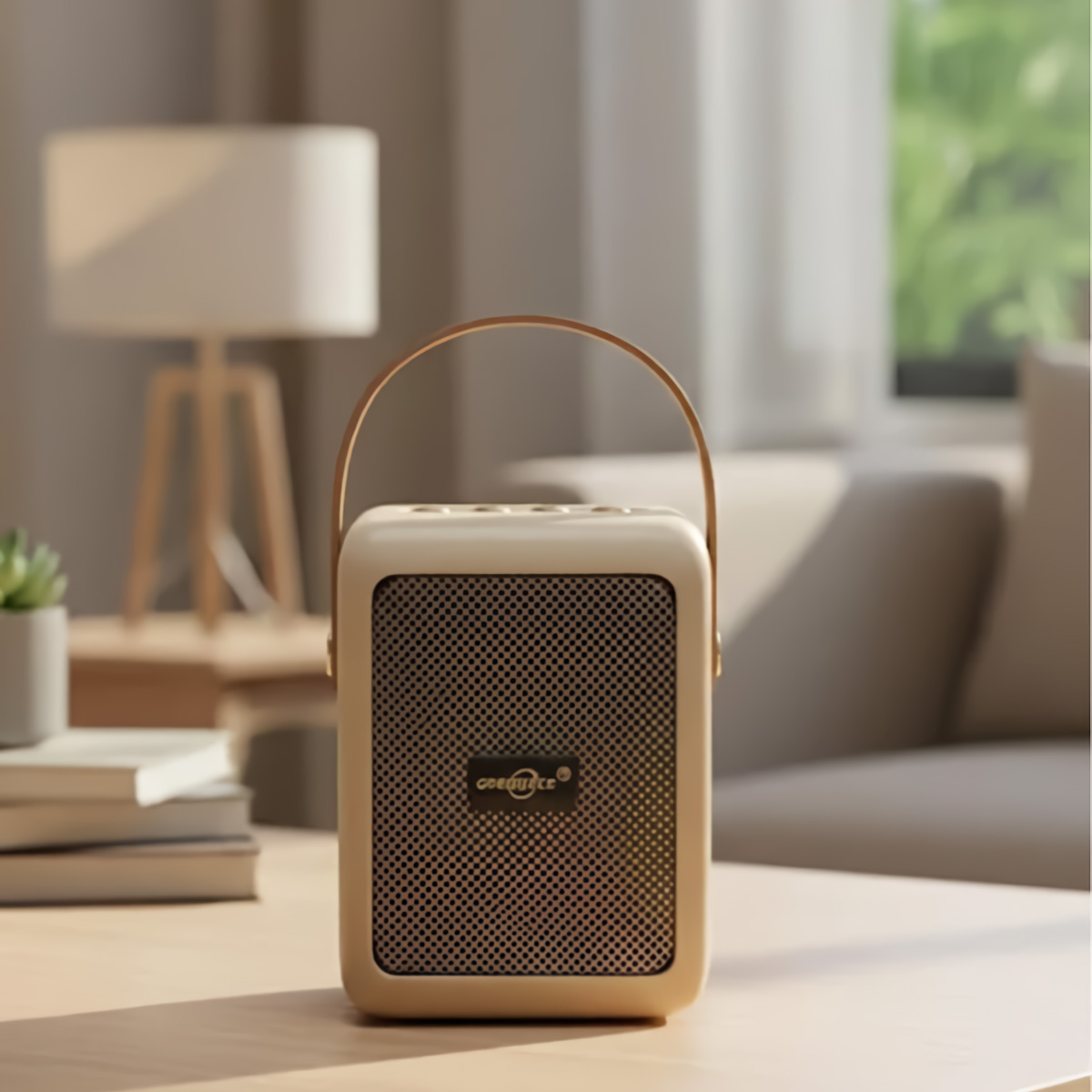 Un altavoz portátil color crema con asa marrón sobre una mesa de madera.