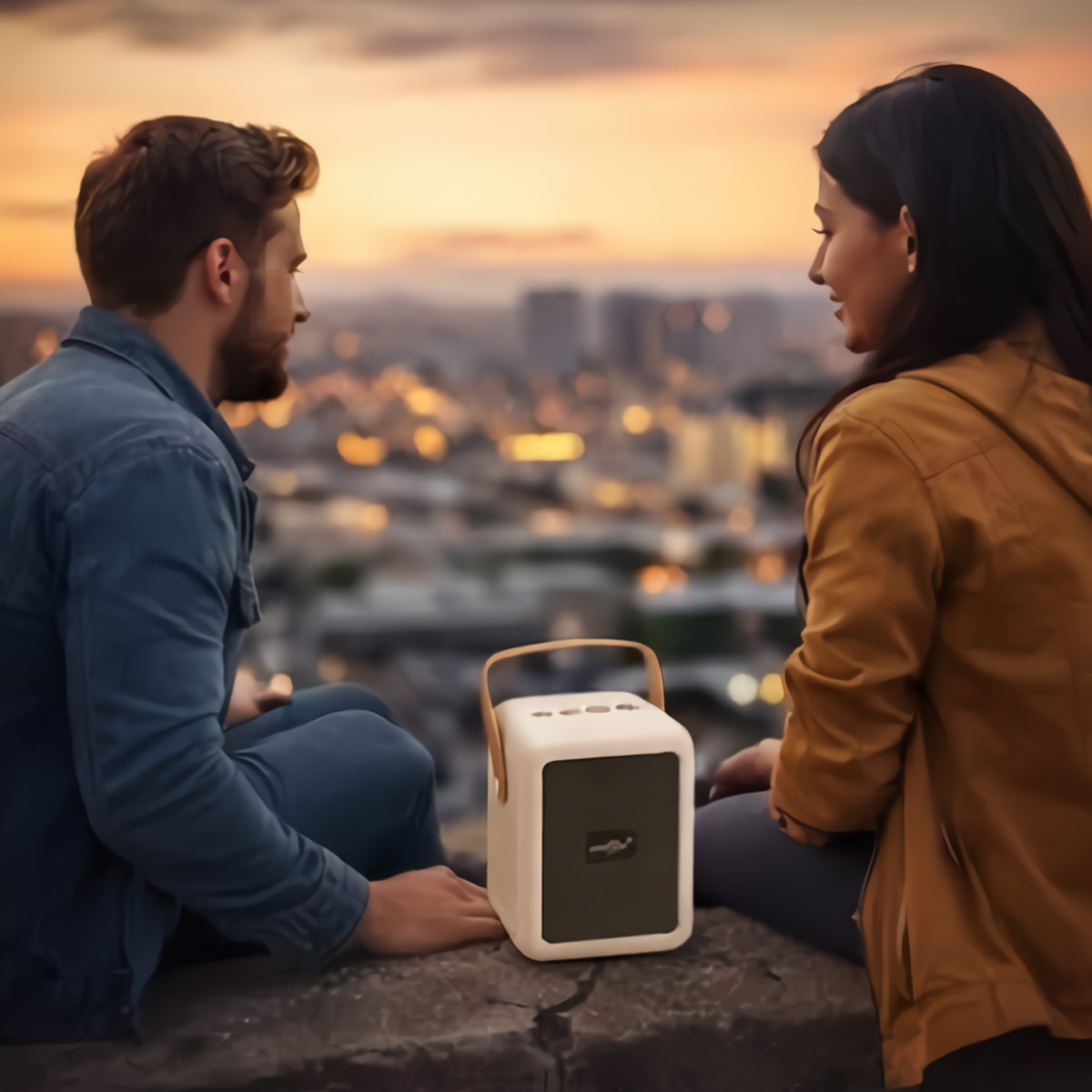 Un hombre y una mujer se sientan en un muro al atardecer, contemplando una ciudad.
