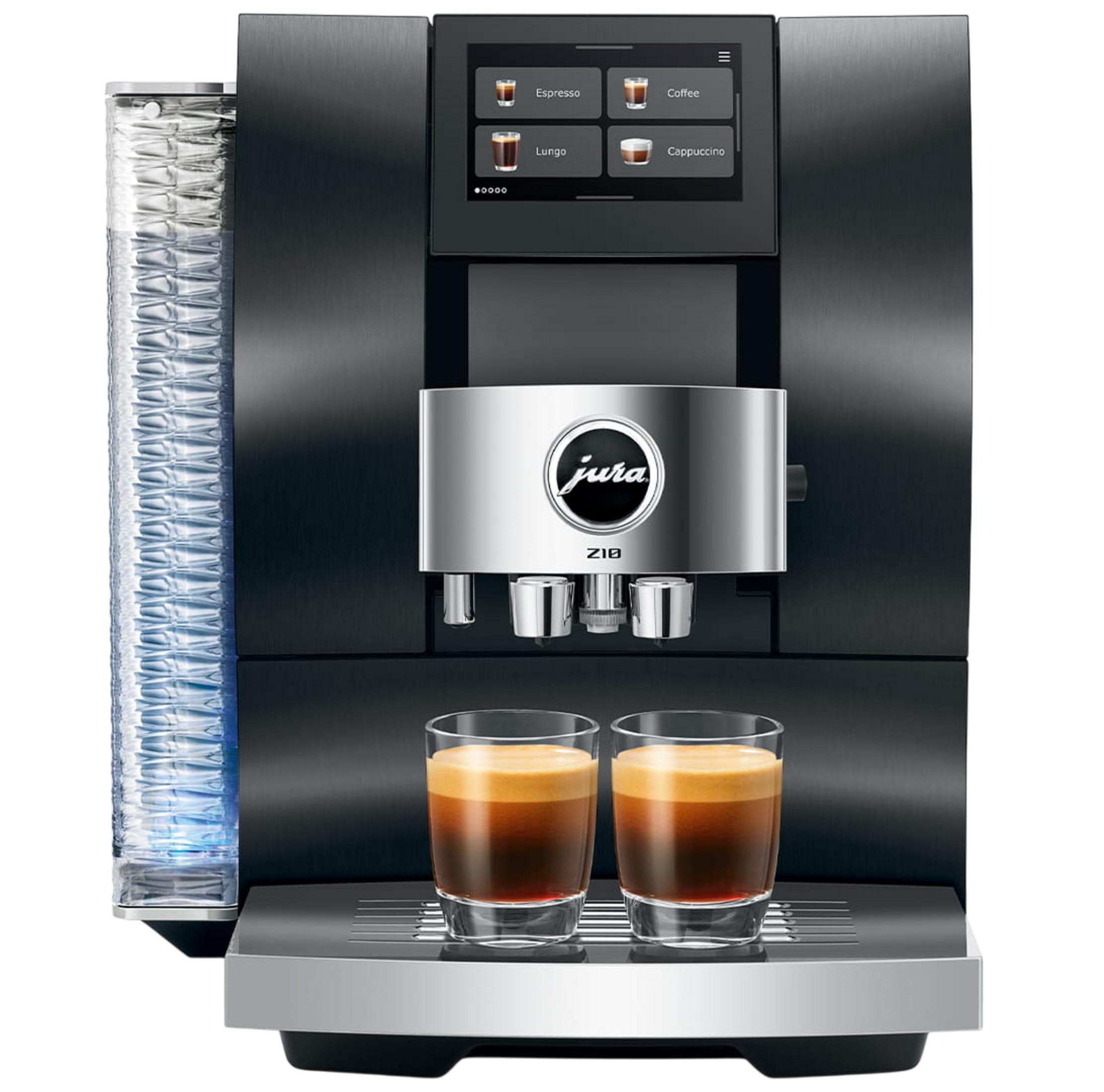 Macchina da caffè nera con due bicchieri da espresso, serbatoio acqua e menu touch.