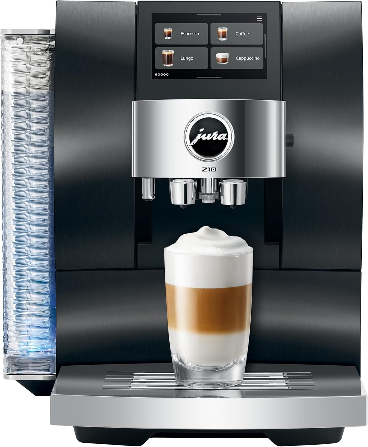 Una macchina da caffè Jura Z10 nera con un bicchiere di latte macchiato.