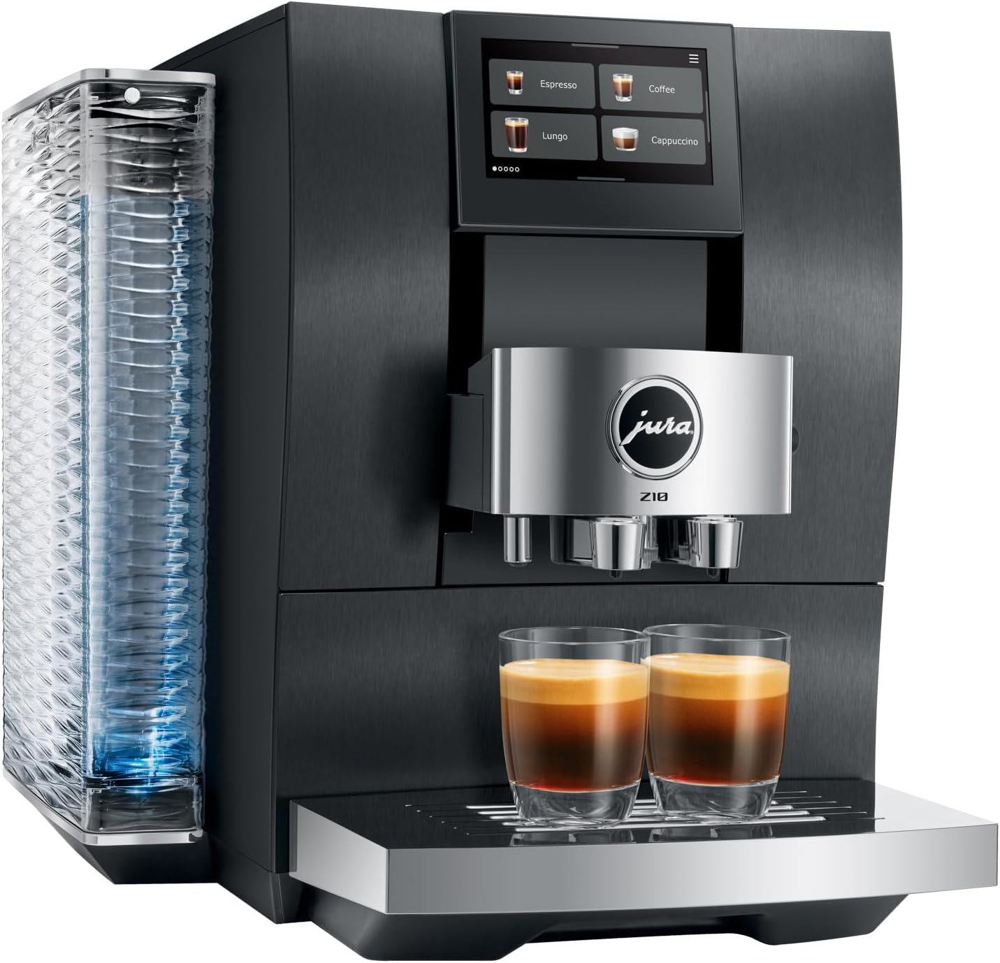 Una moderna macchina per caffè espresso Jura Z10 nera con due bicchieri di espresso e un dispenser di tazze.