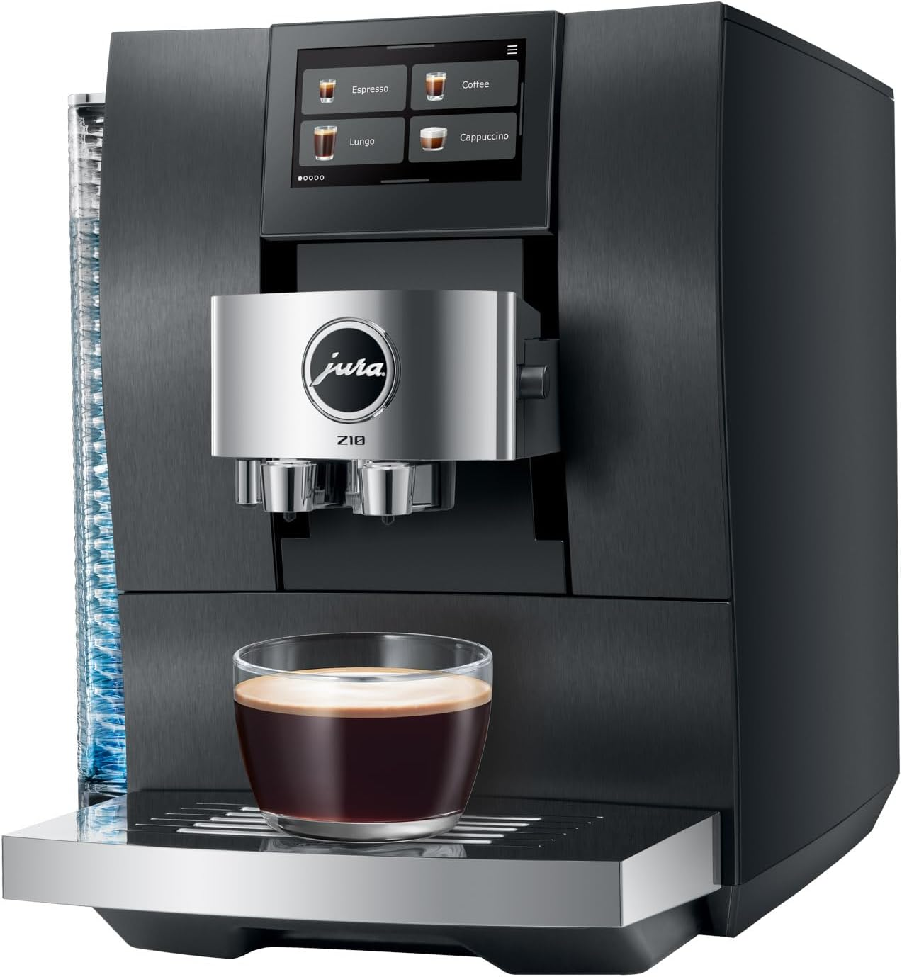 Una macchina da caffè nera con un bicchiere di caffè e un display touchscreen.