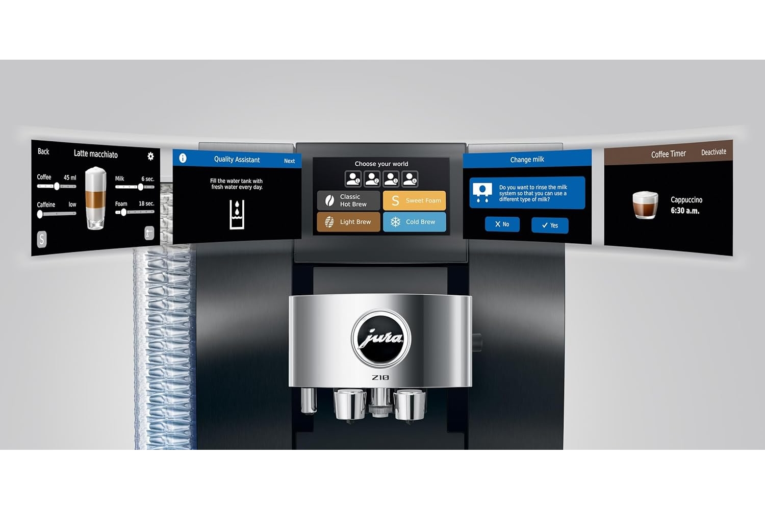 Macchina da caffè con menu touchscreen per la preparazione e le impostazioni del caffè.