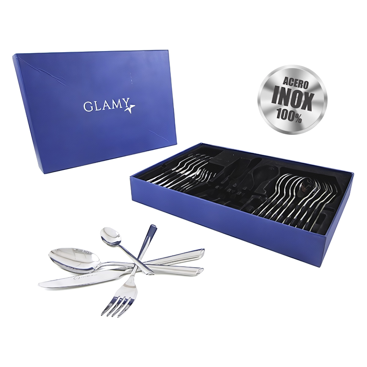 Una caja azul con logo GLAMY y un juego de cubiertos de acero inoxidable dentro y fuera.