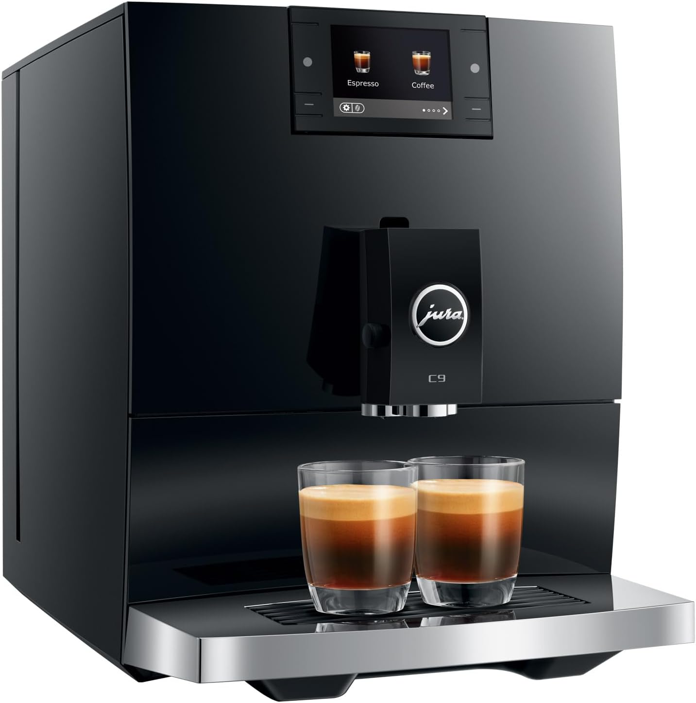 Moderna macchina da caffè nera con due bicchieri di espresso sulla vaschetta raccogligocce.