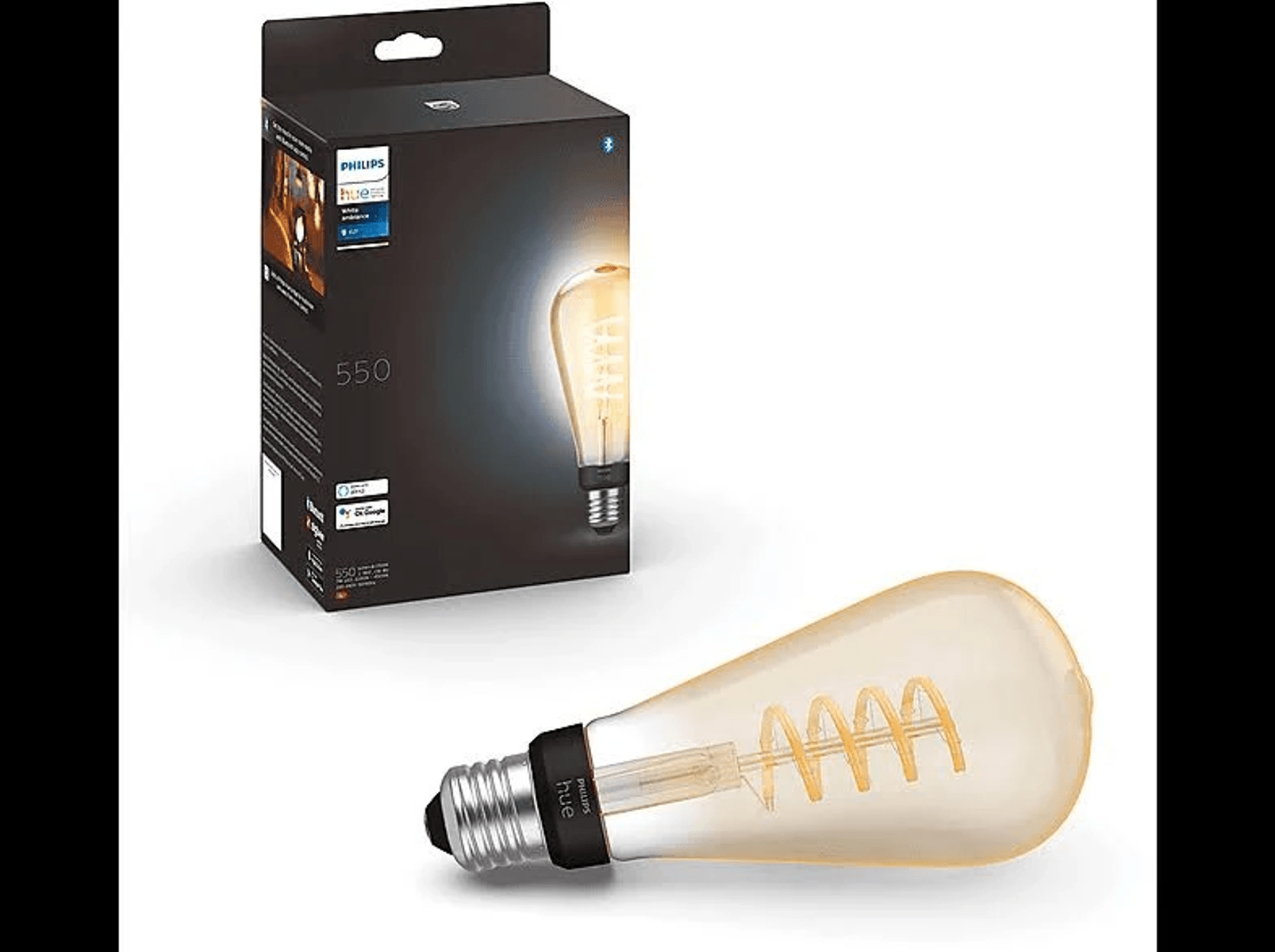 Philips Hue Glühbirne und Verpackung. Die Glühbirne ist bernsteinfarben.