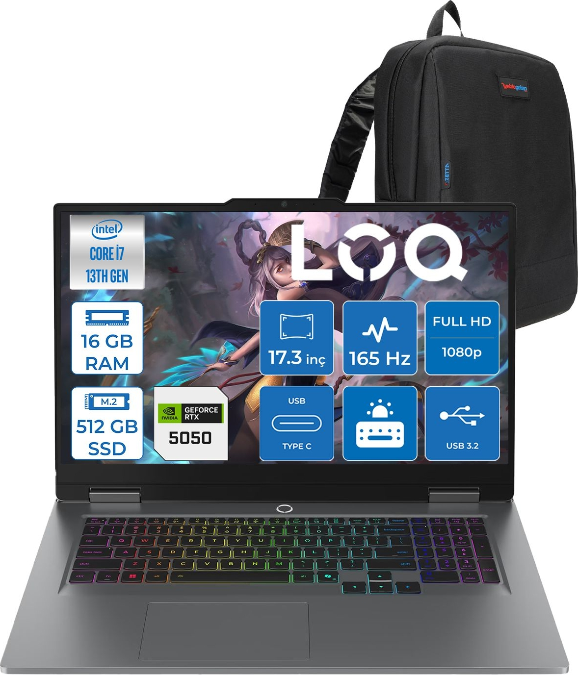 Intel Core i7, 16 GB RAM, 512 GB SSD'li dizüstü bilgisayar ve siyah sırt çantası.