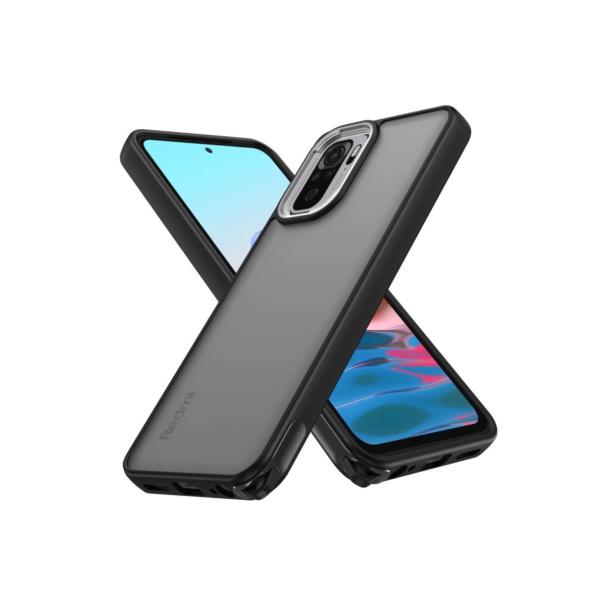 Koyu kılıflı iki telefon üst üste biniyor. Biri kamerayı gösteren arka yüzü, diğeri ön ekranı gösteriyor.