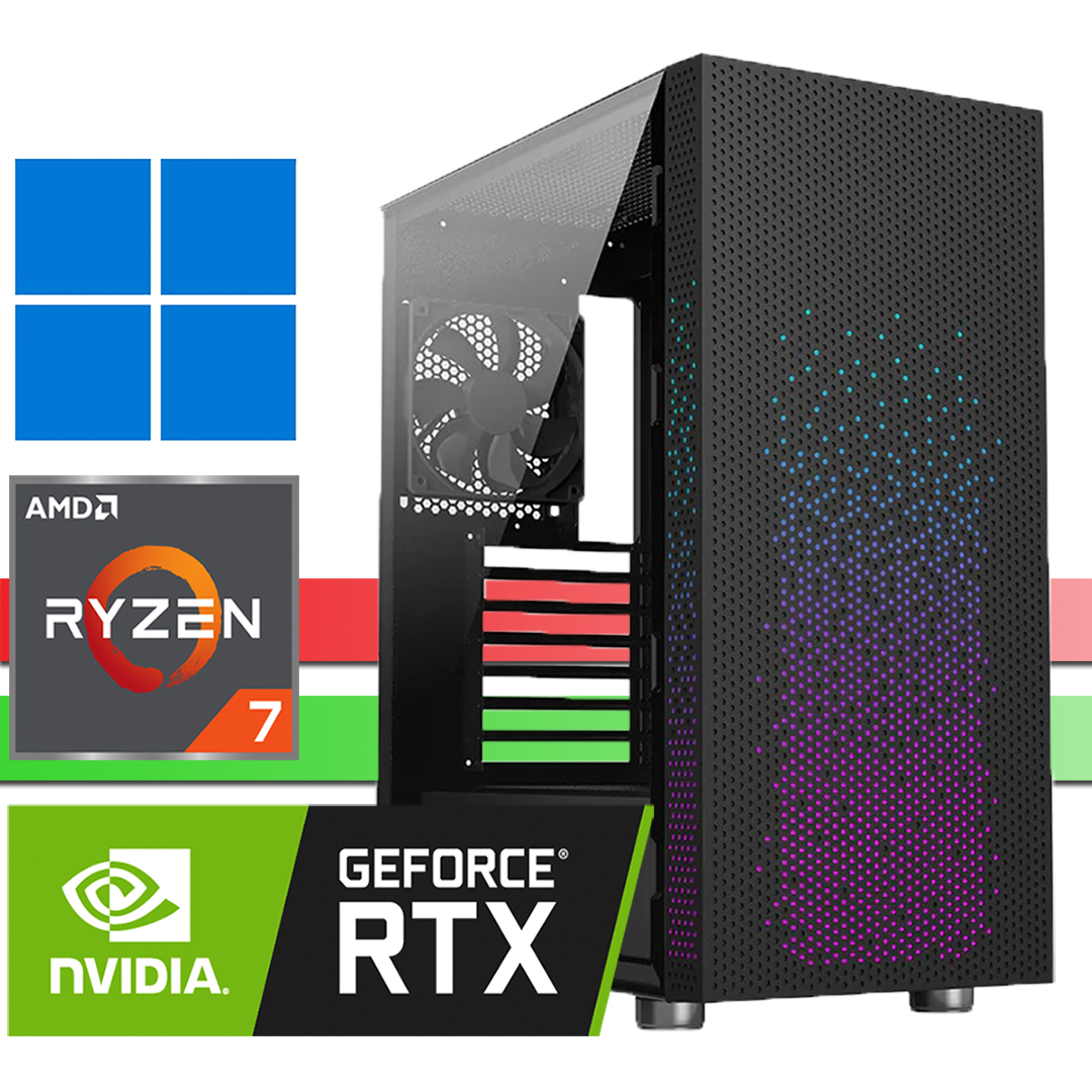 Ein schwarzes PC-Gehäuse mit Windows-, AMD Ryzen 7- und Nvidia RTX-Logos.