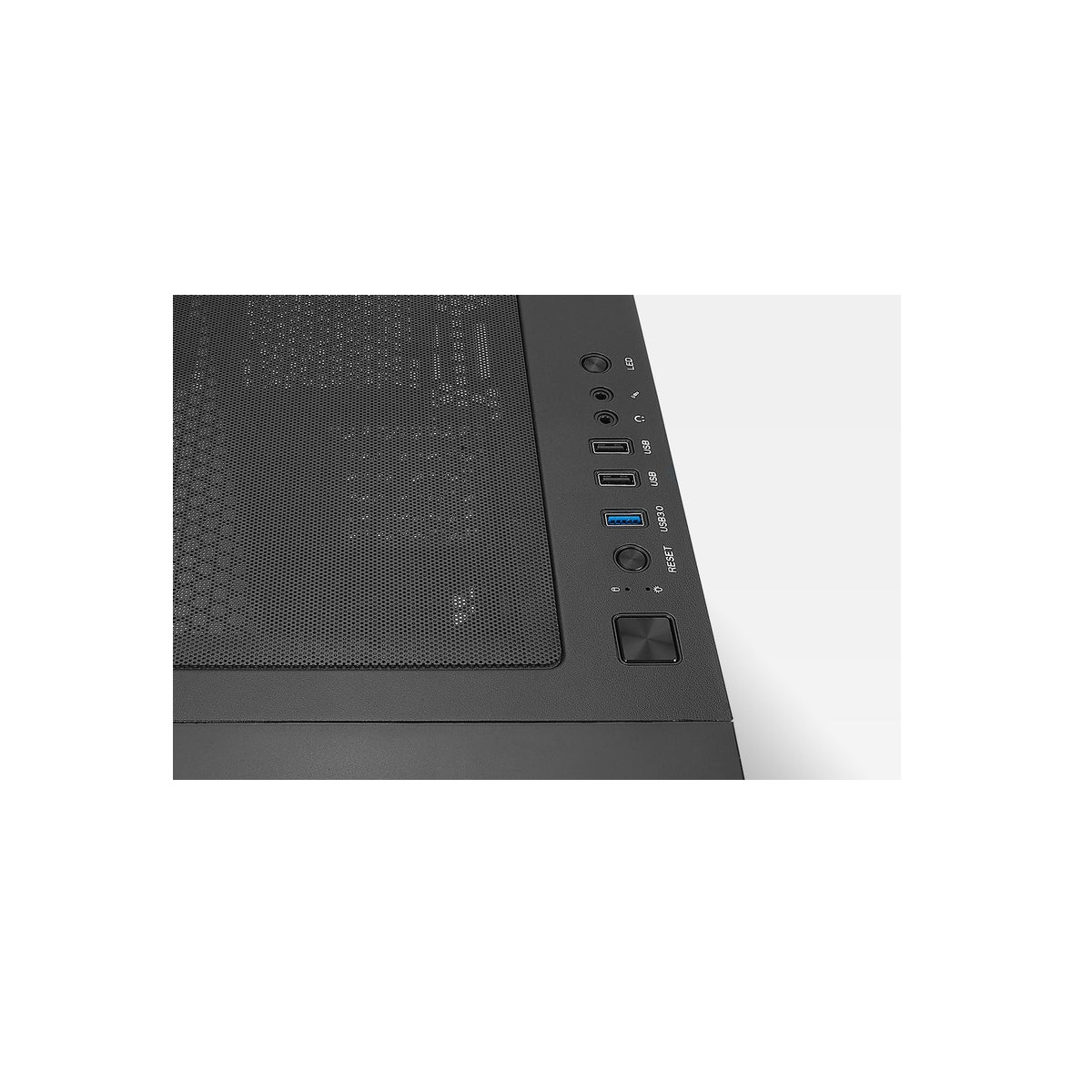 Schwarzes Computergehäuse mit Lüftungsgitter und Anschlüssen oben.