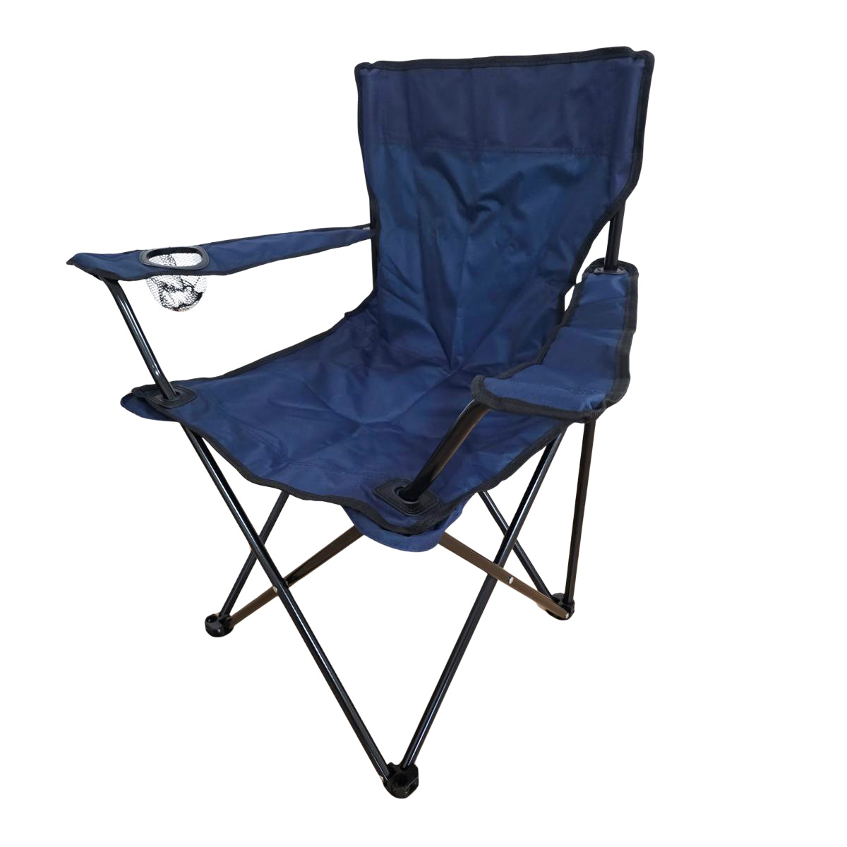 Una silla de camping plegable azul oscuro con reposabrazos y portavasos.
