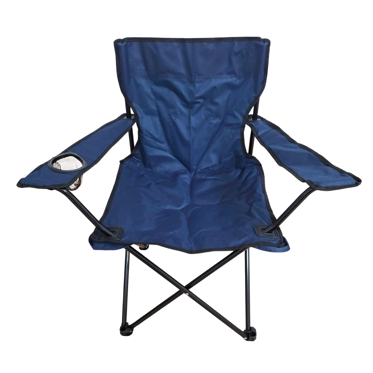 Silla plegable azul oscuro con portavasos y marco de metal negro.