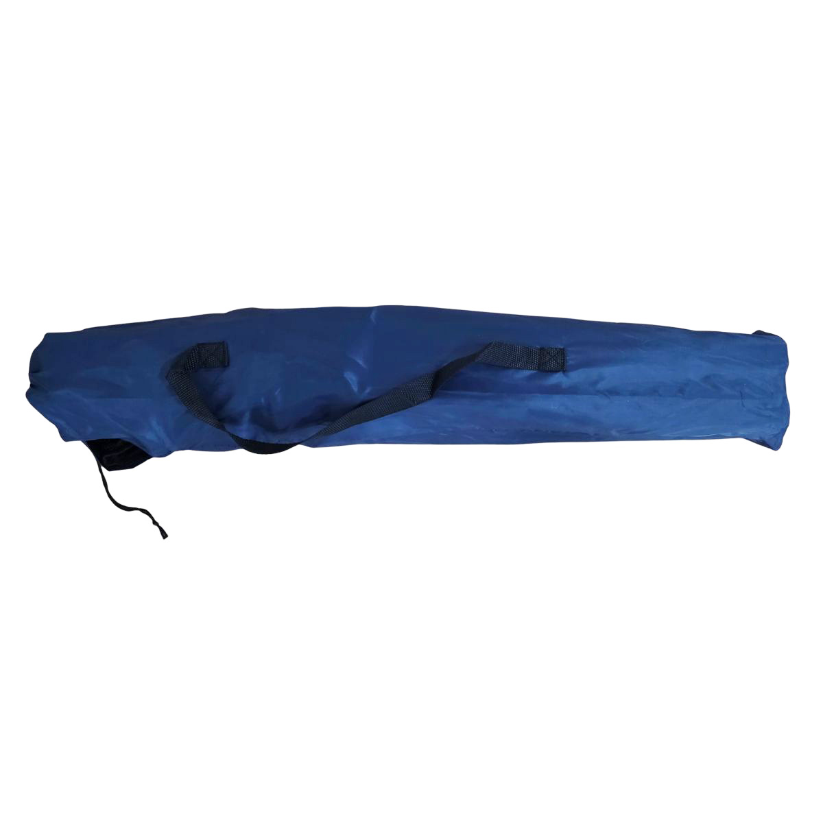 Una bolsa de transporte azul oscuro con correa y cordón negros sobre fondo blanco.
