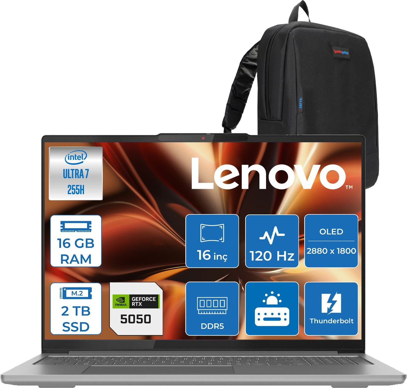 LENOVO IdeaPad Pro 5 8GB RTX5050 2.8K OLED 16IAH10505F03 Intel Core Ultra 7 255H 16 GB RAM 2 TB SSD 16 inç FreeDOS Laptop+Çanta Gri