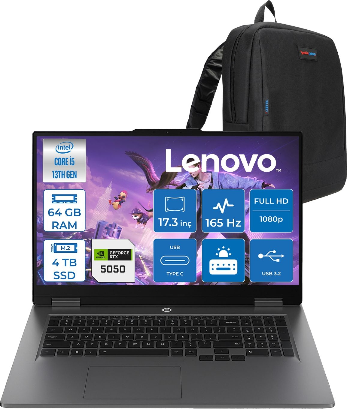 LENOVO LOQ 17IRX10 RTX5050 8GB FHD 165HZ W83JH0069TRF34 Intel Core i5-13450HX 64 GB RAM 4 TB SSD 17,3 inç FreeDOS Laptop+Çanta Gri