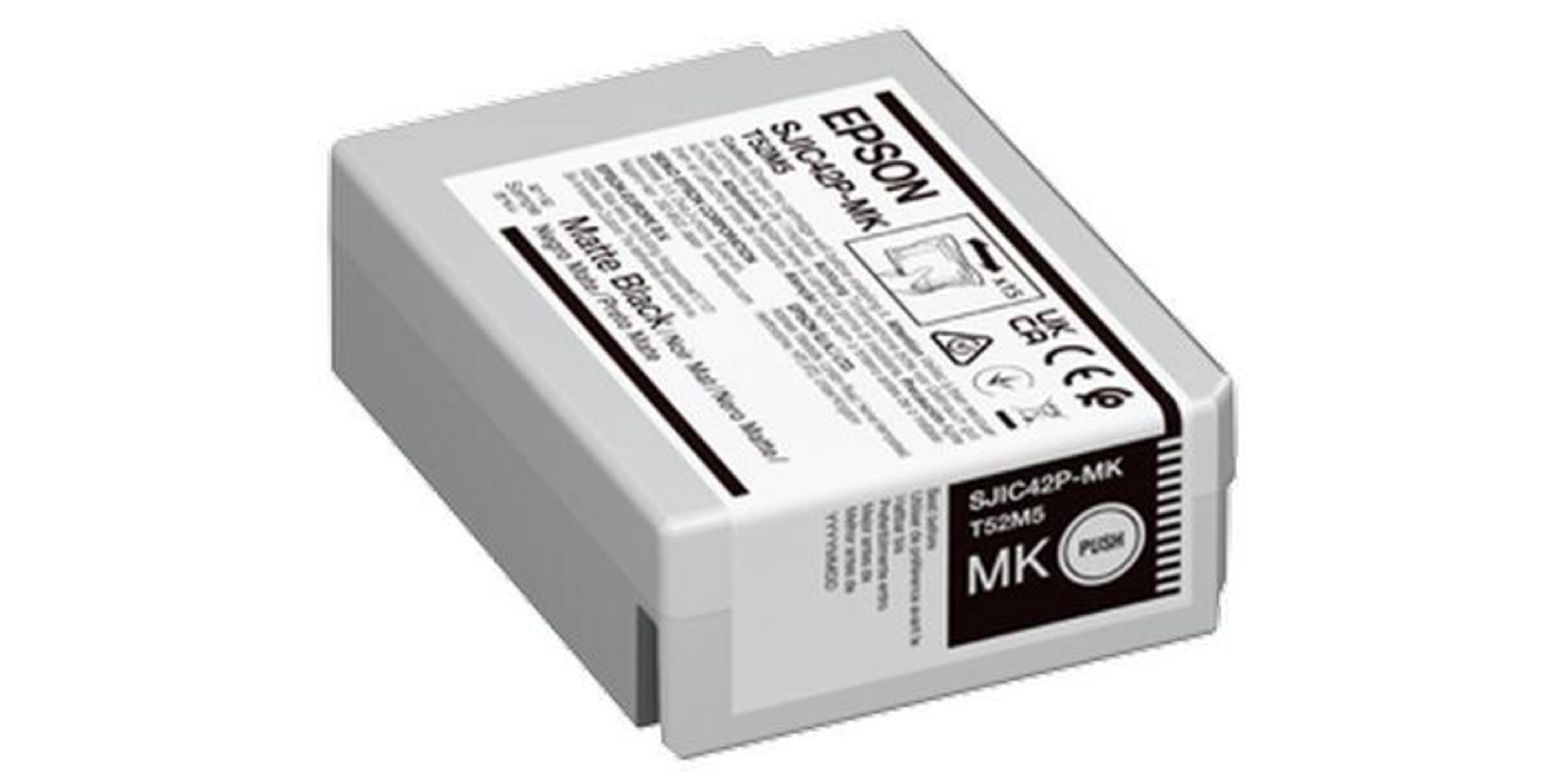 Cartuccia d'inchiostro Epson grigia con etichetta nera 'Matte Black'.