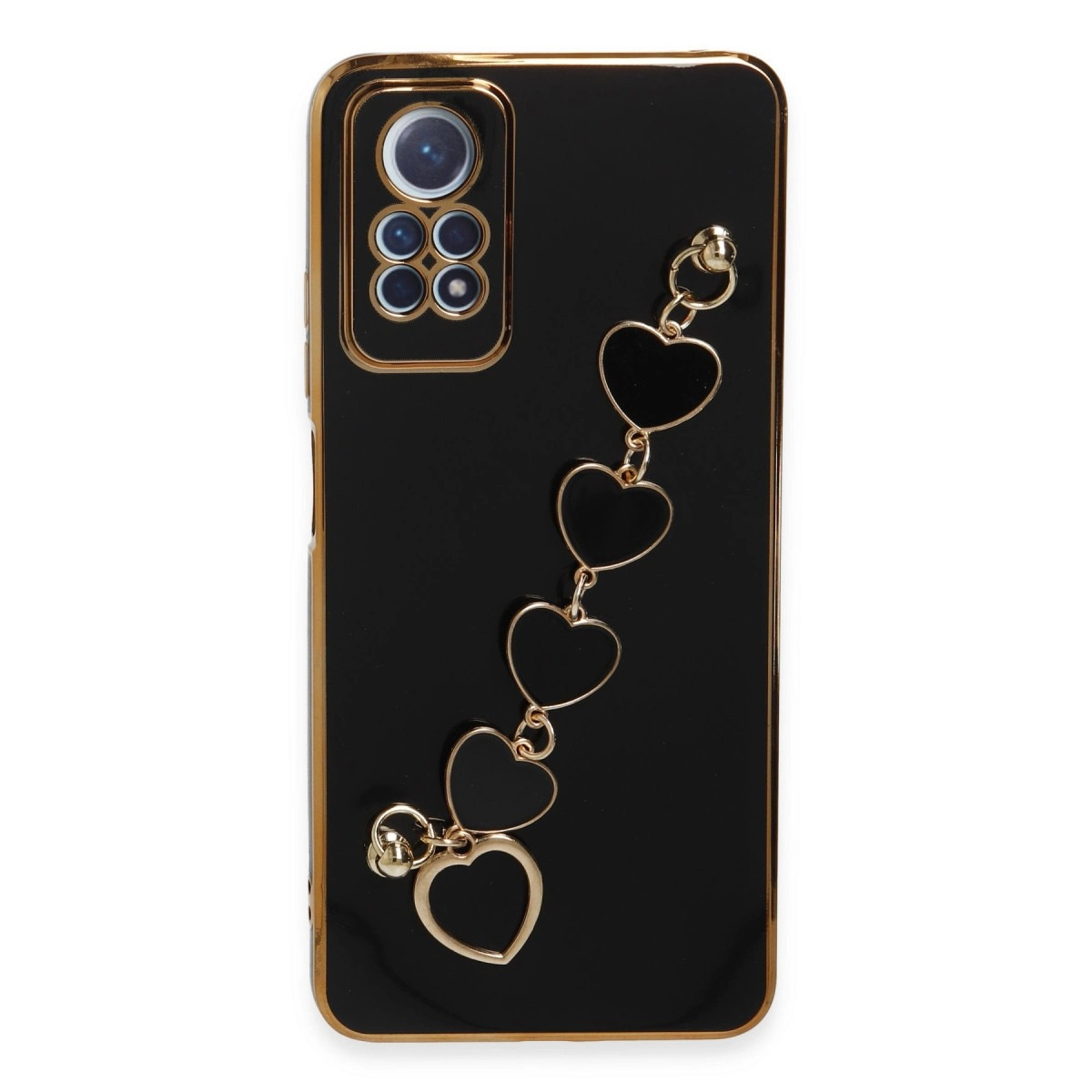 Altın çerçeveli siyah telefon kılıfı ve kalp takı zinciri.