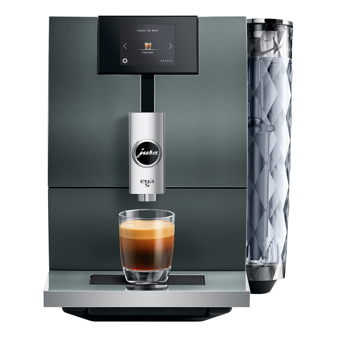 Una moderna macchina da caffè con un bicchiere di espresso e un serbatoio dell'acqua trasparente.