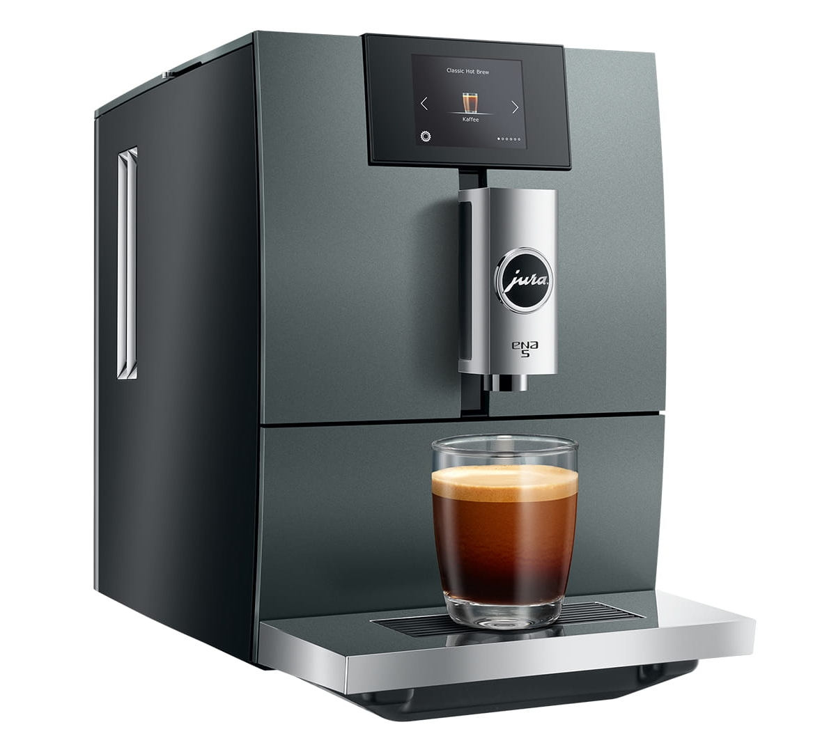 Moderna macchina da caffè con bicchiere ed espresso, dettaglio argento e schermo.
