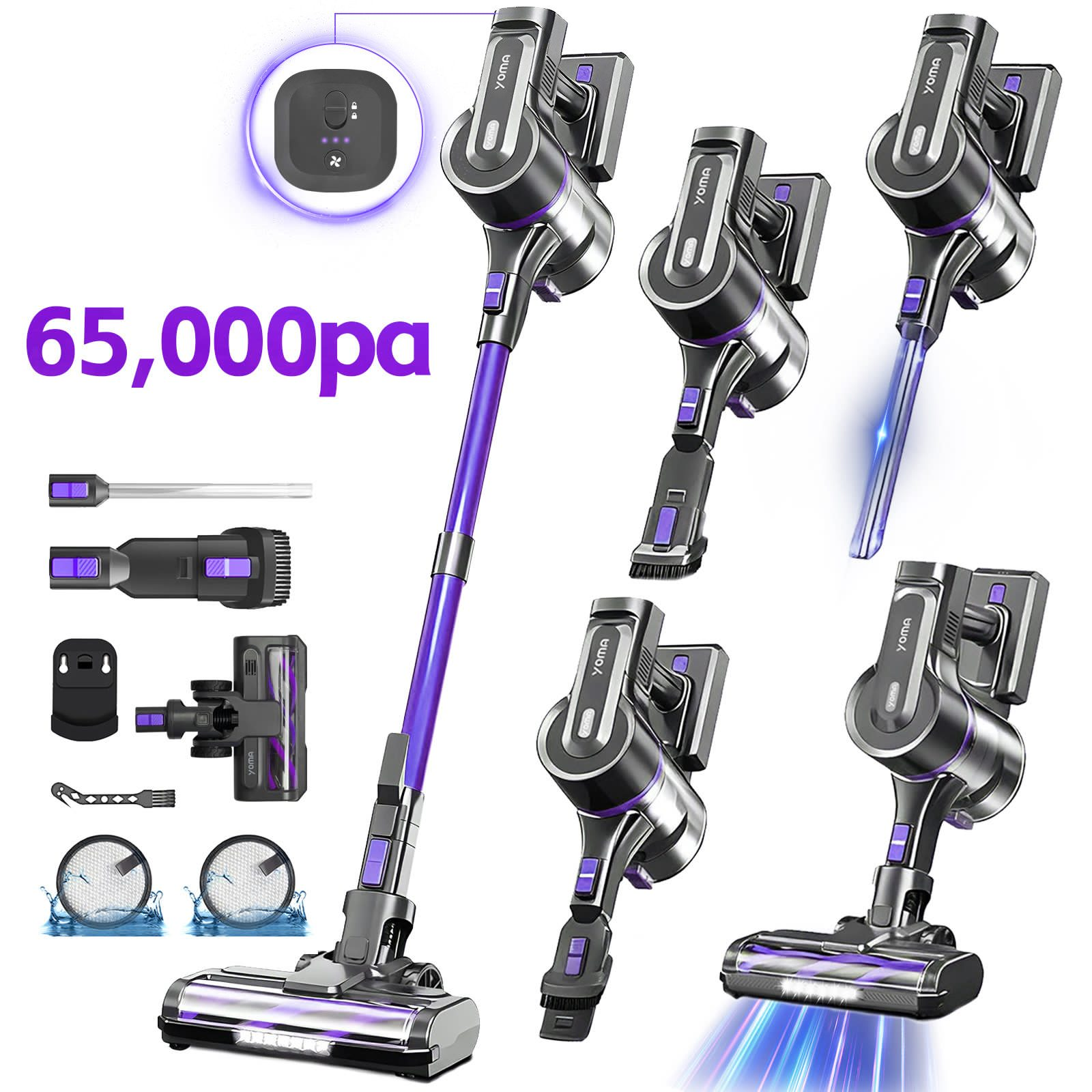 Un aspirapolvere senza fili viola con accessori e display da 65.000 Pa.