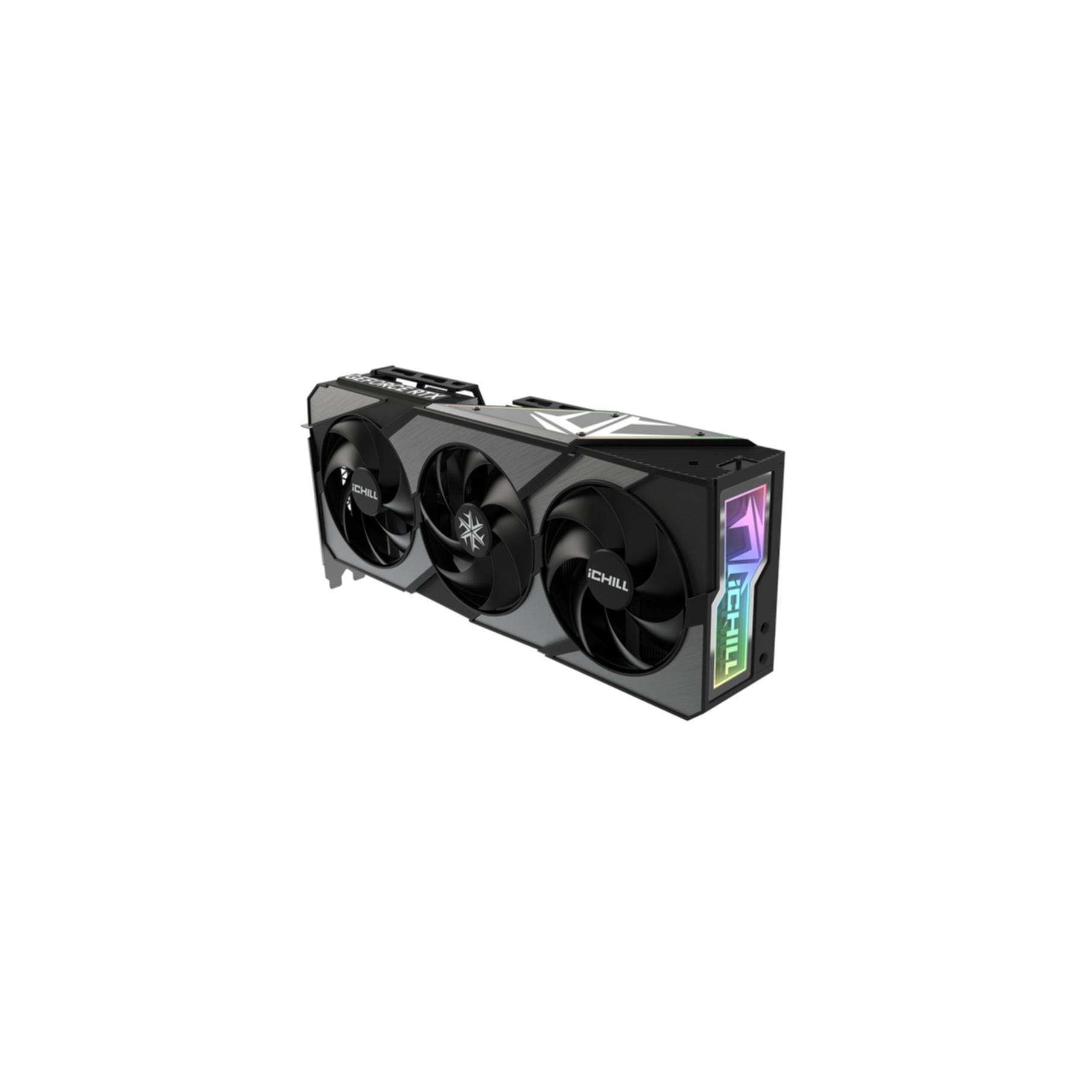 Una scheda grafica nera con tre ventole e illuminazione RGB su sfondo bianco.