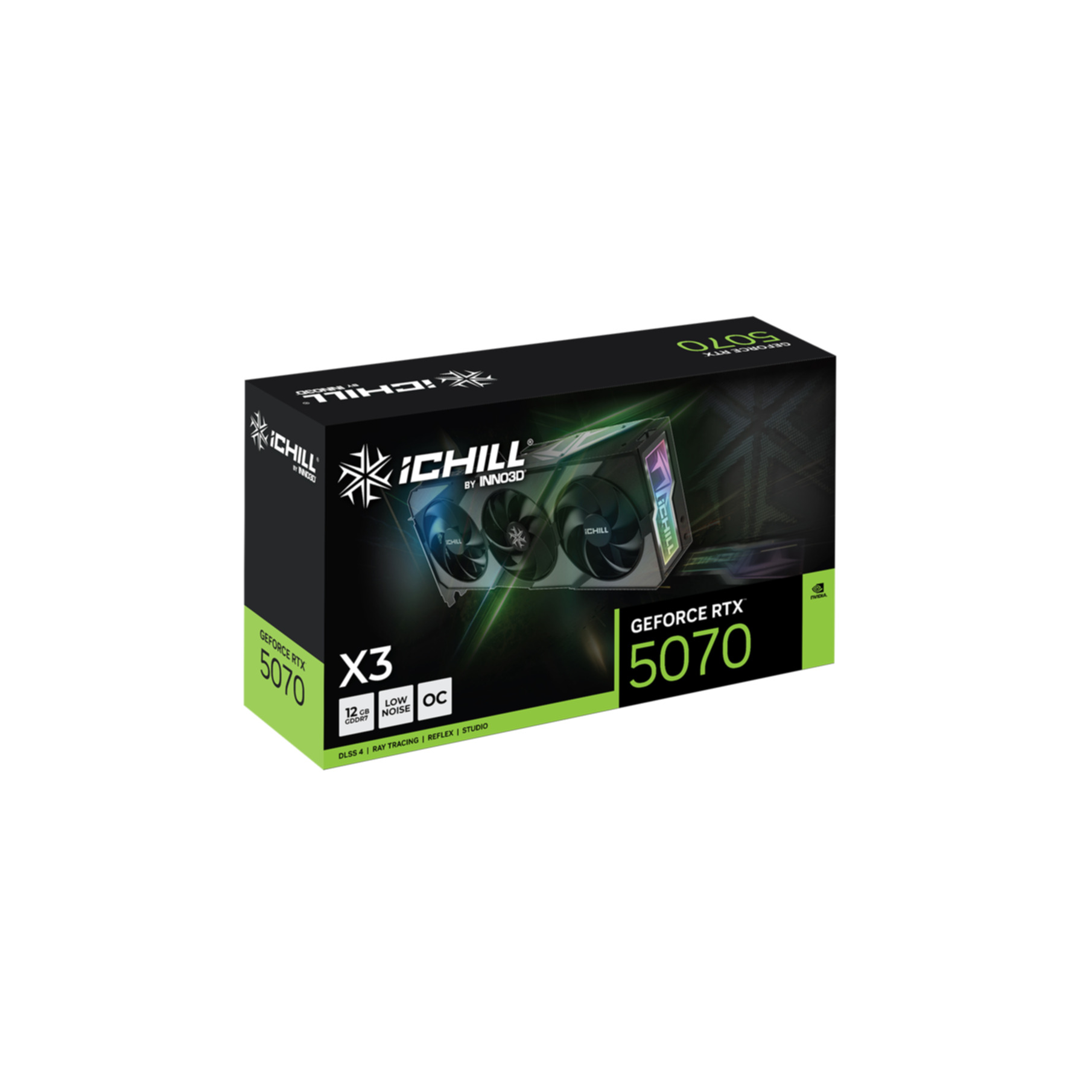 Scatola scheda grafica iCHILL RTX 5070 con ventole e dettagli.
