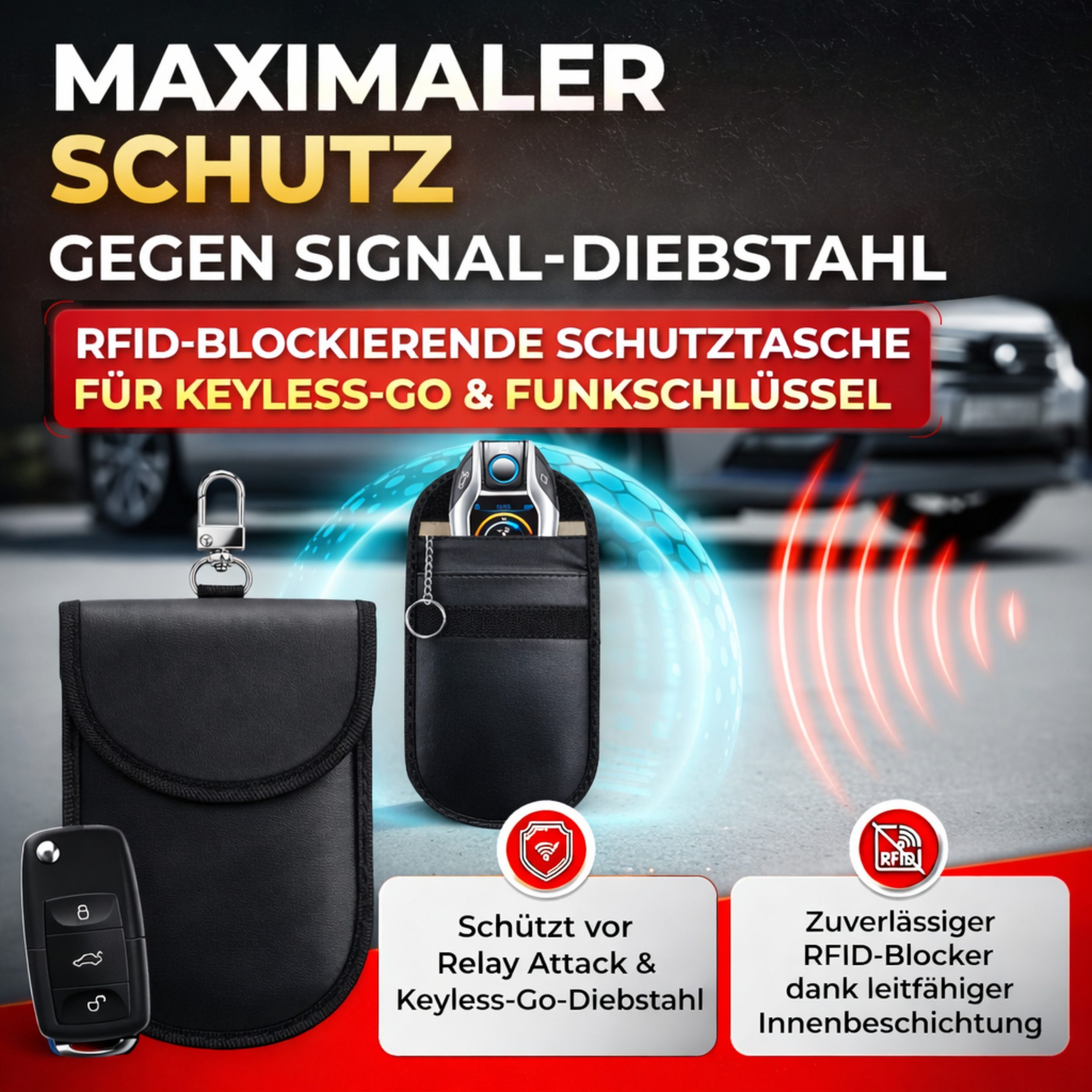 Schwarze RFID-Schutzhülle für Autoschlüssel mit Symbolen und Text.