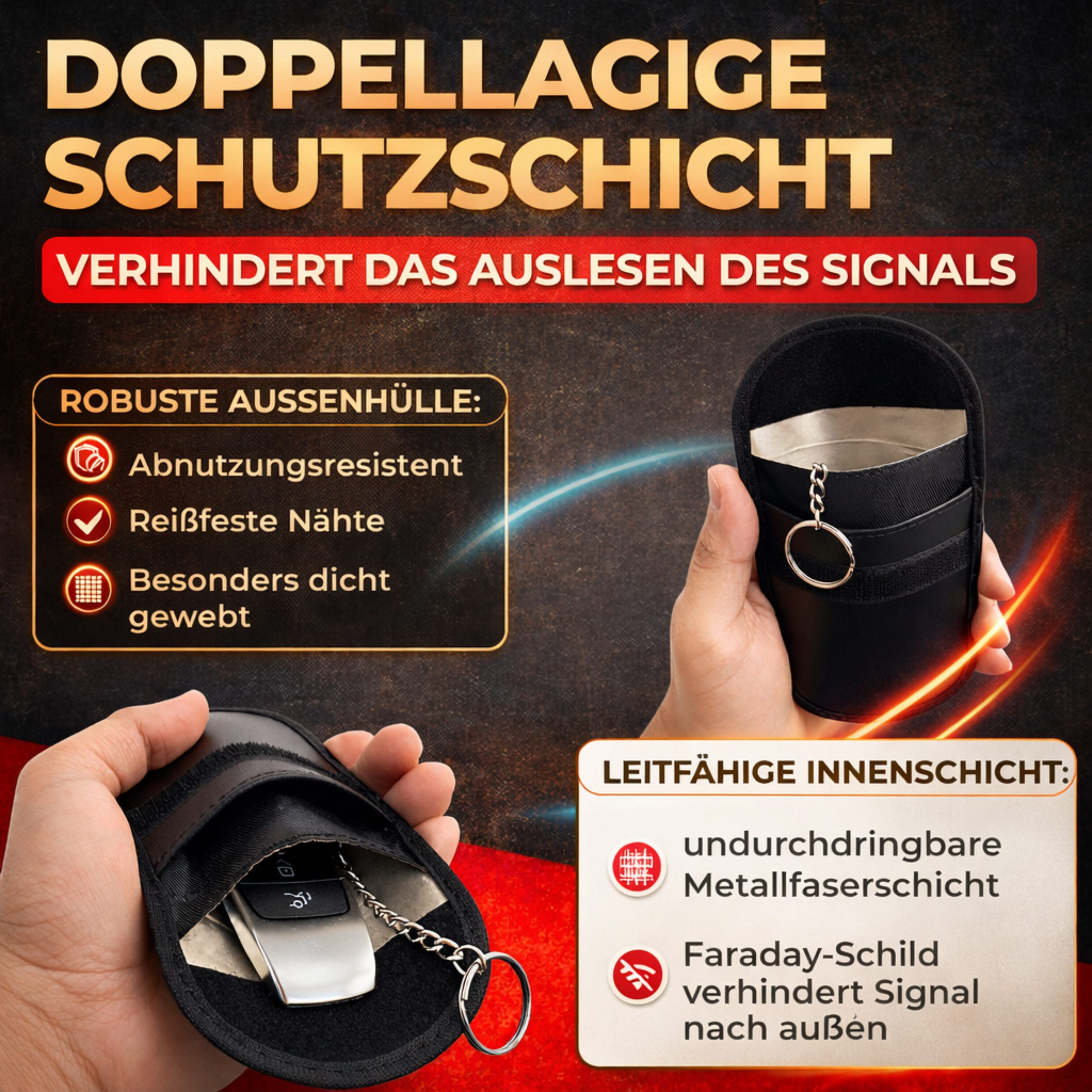 Schwarze Schlüsseltasche mit silbernem Schlüssel und Kette, beidseitig gehalten.