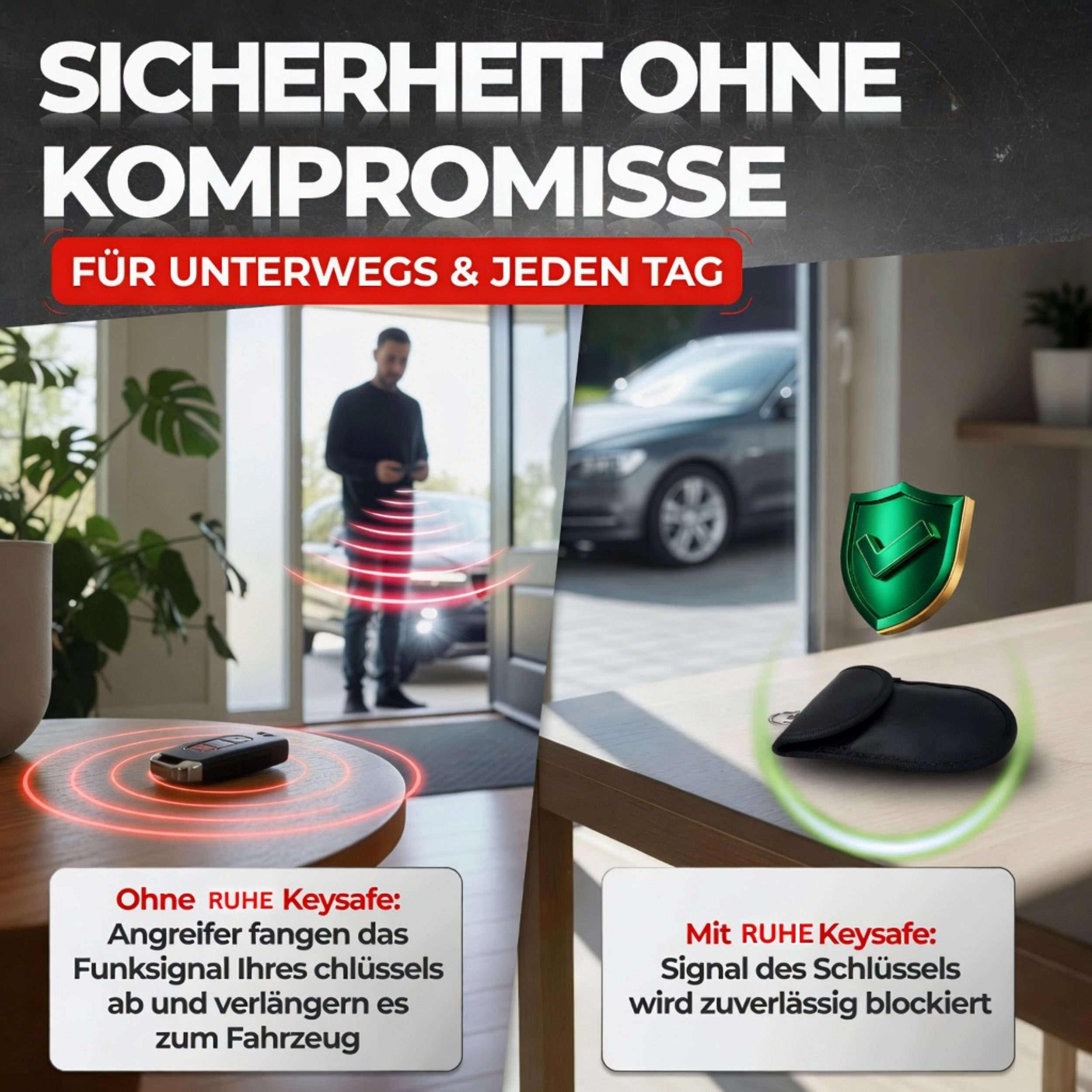 Schlüsselsignal wird blockiert. Mann mit Autoschlüssel und Autos.