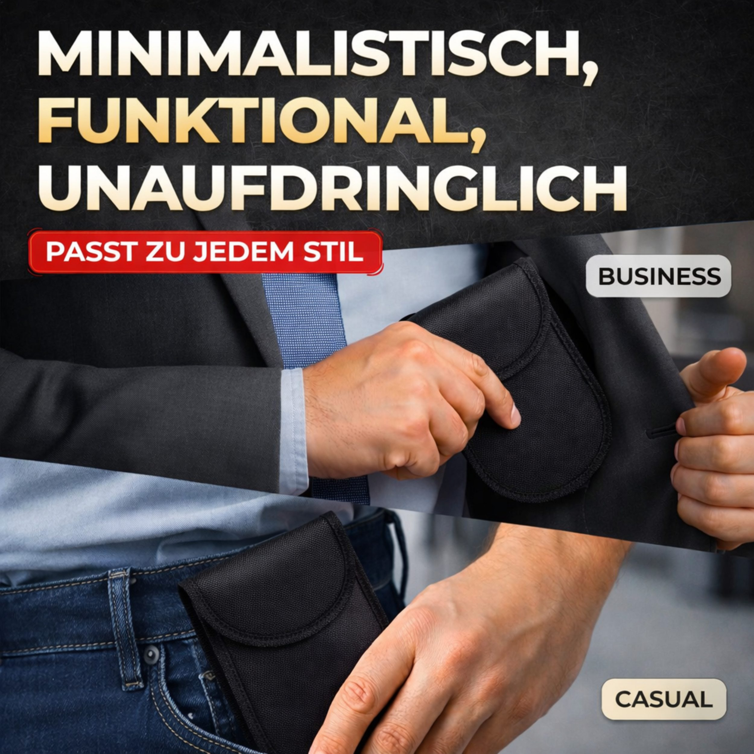 Mann steckt schwarze Tasche in Sakko oder Jeans. Text: Minimalistisch, funktional, unaufdringlich.