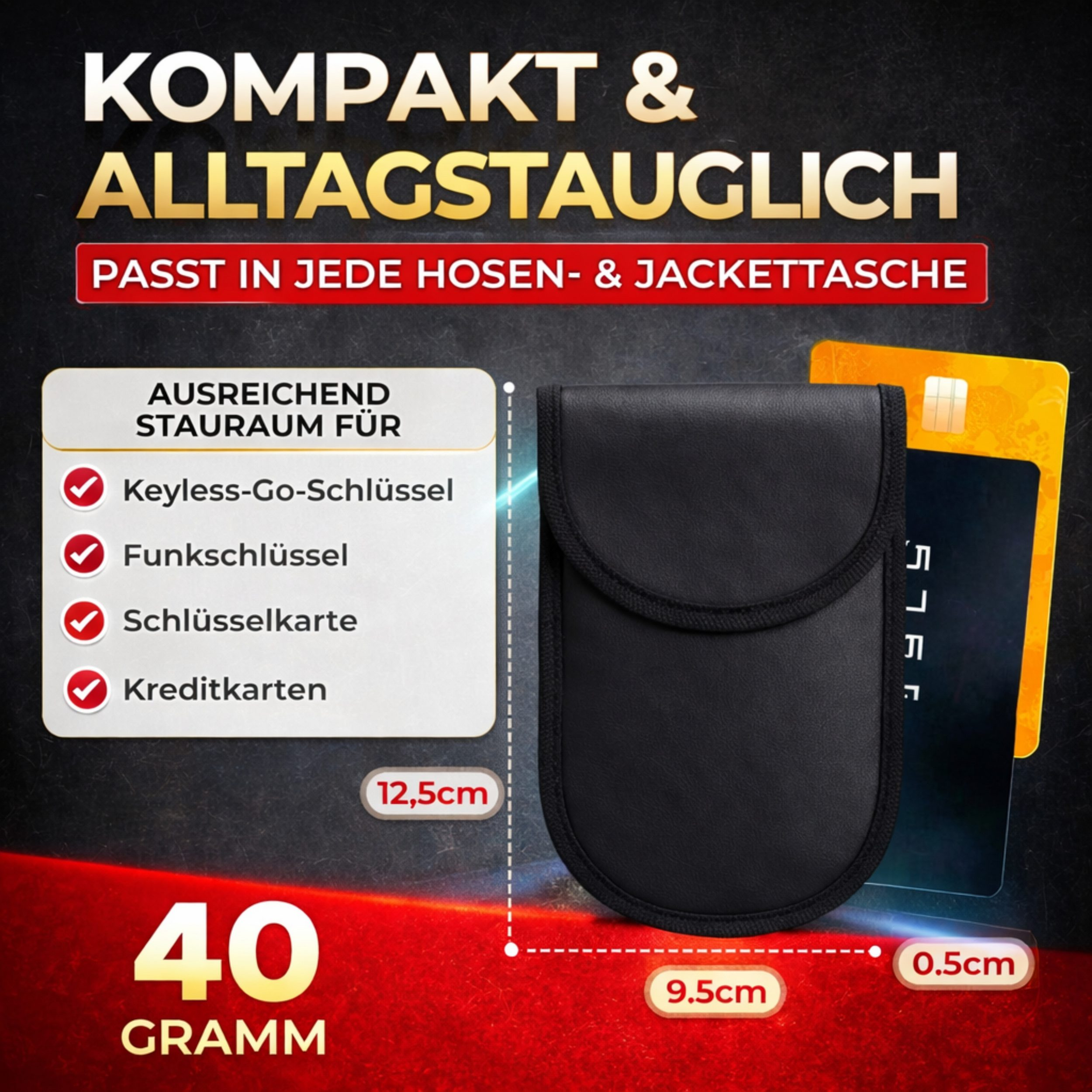 Schwarze Tasche mit Kreditkarten, Maße 12,5x9,5x0,5cm, Gewicht 40g.