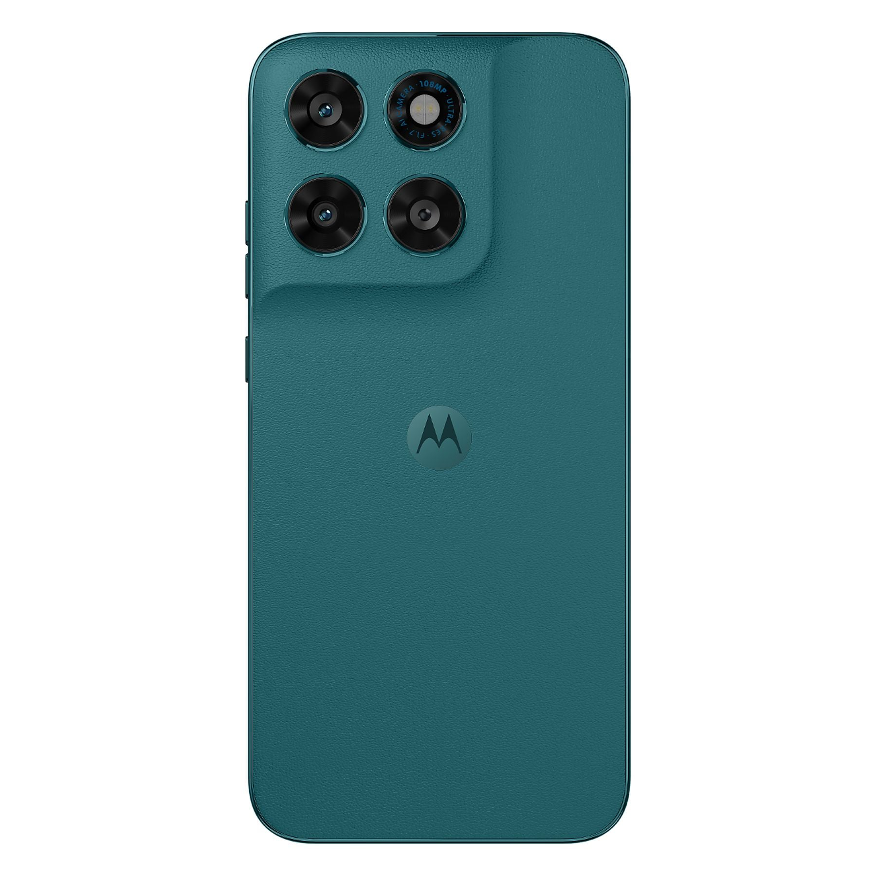 Retro di uno smartphone verde acqua con quattro fotocamere e logo Motorola.