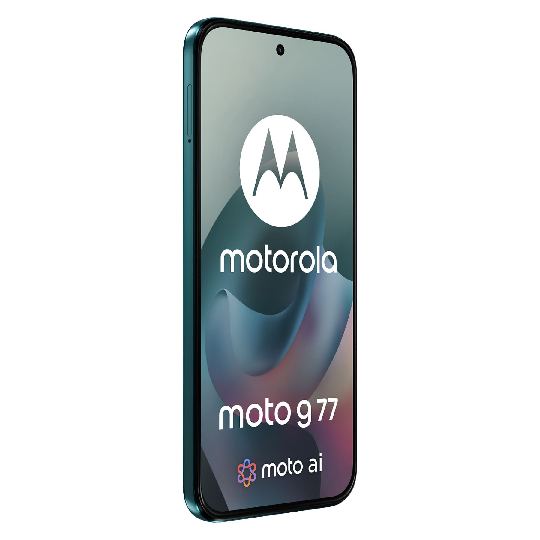 Uno smartphone Motorola Moto G77 color turchese con il logo Motorola sullo schermo.
