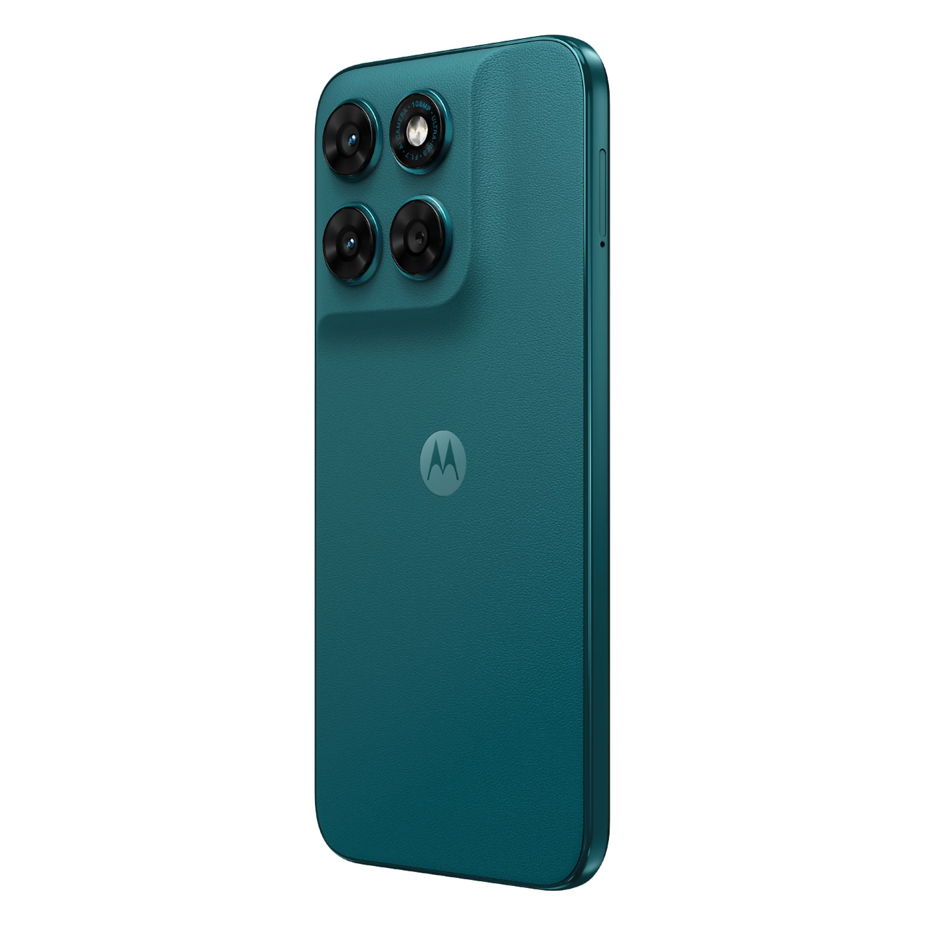 Retro di smartphone color ottanio con quattro obiettivi e logo Motorola.