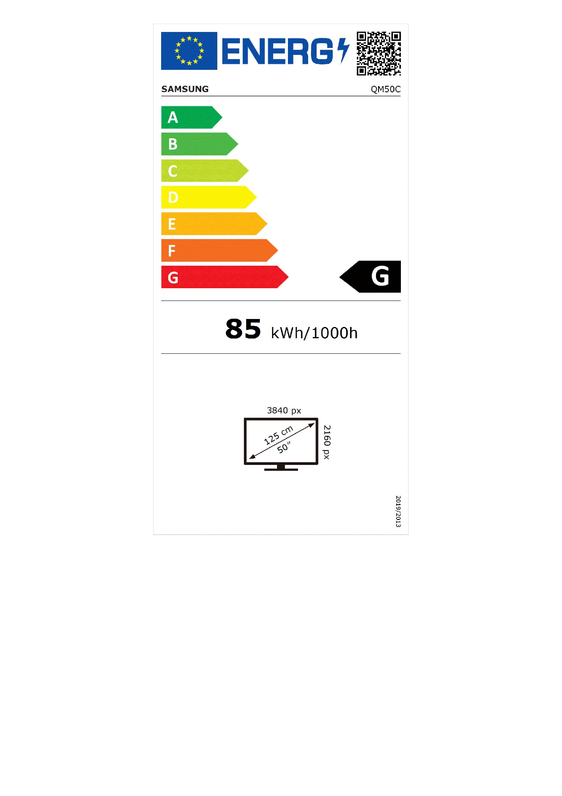 Etiqueta energética para Samsung QM50C. Clase de eficiencia energética G. 85 kWh/1000h.