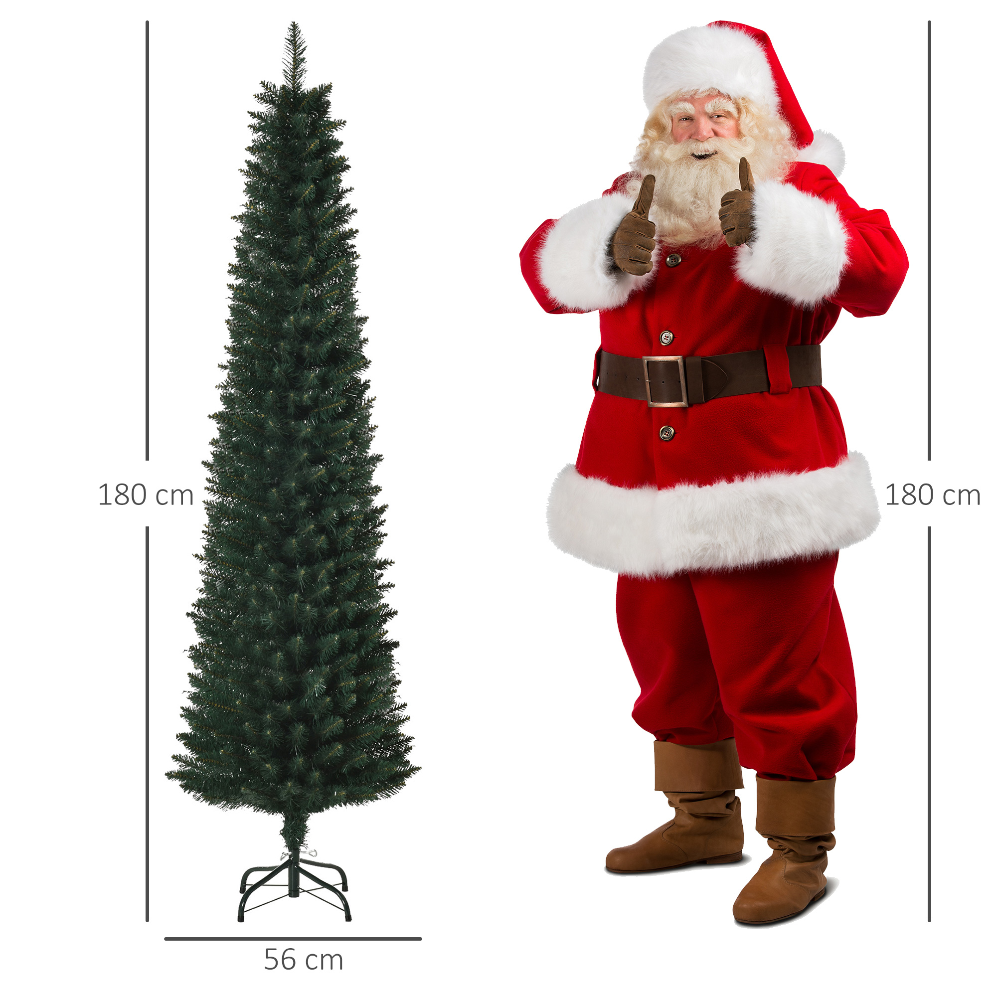 Un Papá Noel vestido de rojo con ribetes blancos está junto a un árbol de Navidad delgado de 180 cm.