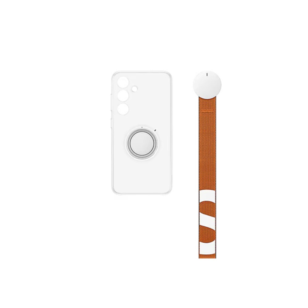 Coque de téléphone transparente avec support anneau et dragonne orange.