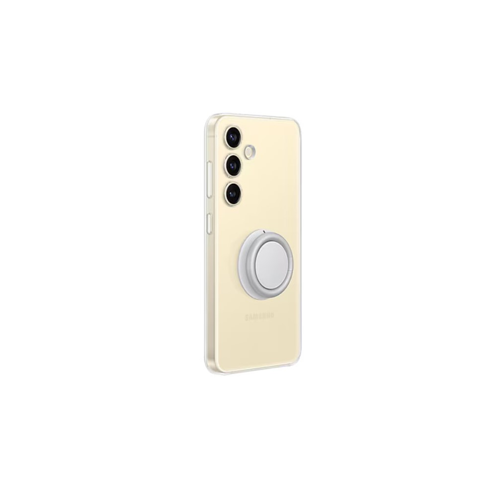 Un téléphone transparent avec trois caméras et une poignée blanche. Logo Samsung.