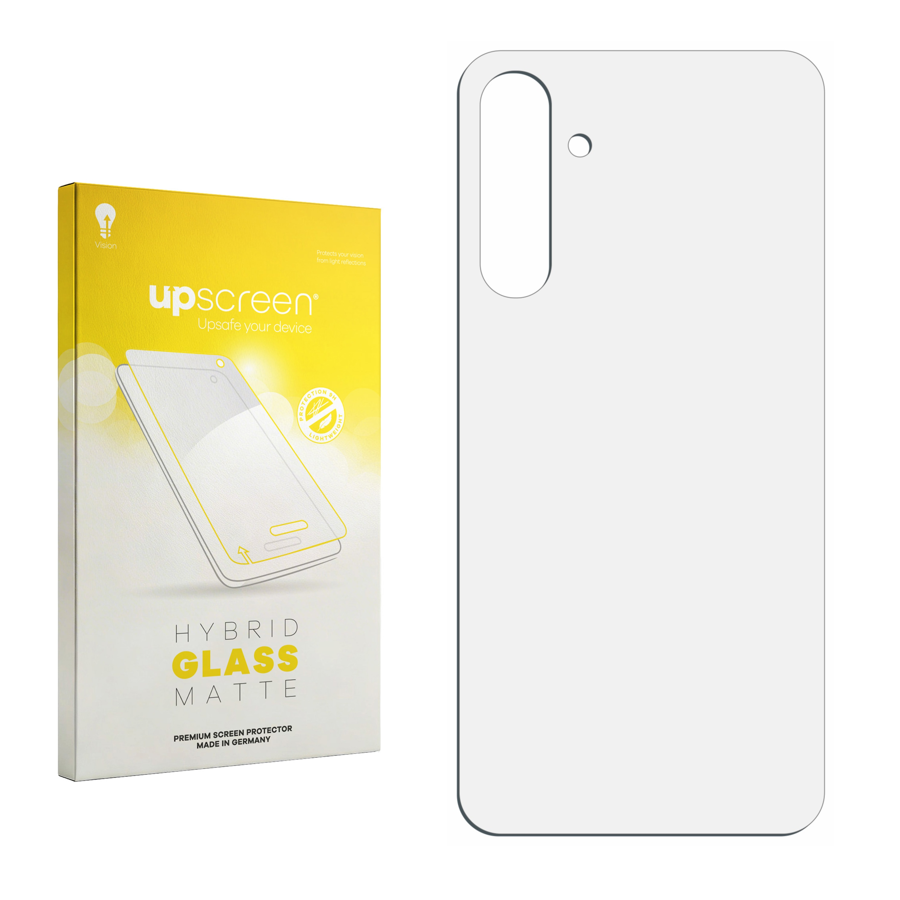 Verpackung und Displayschutzfolie für ein Smartphone, mit Text und Grafiken.