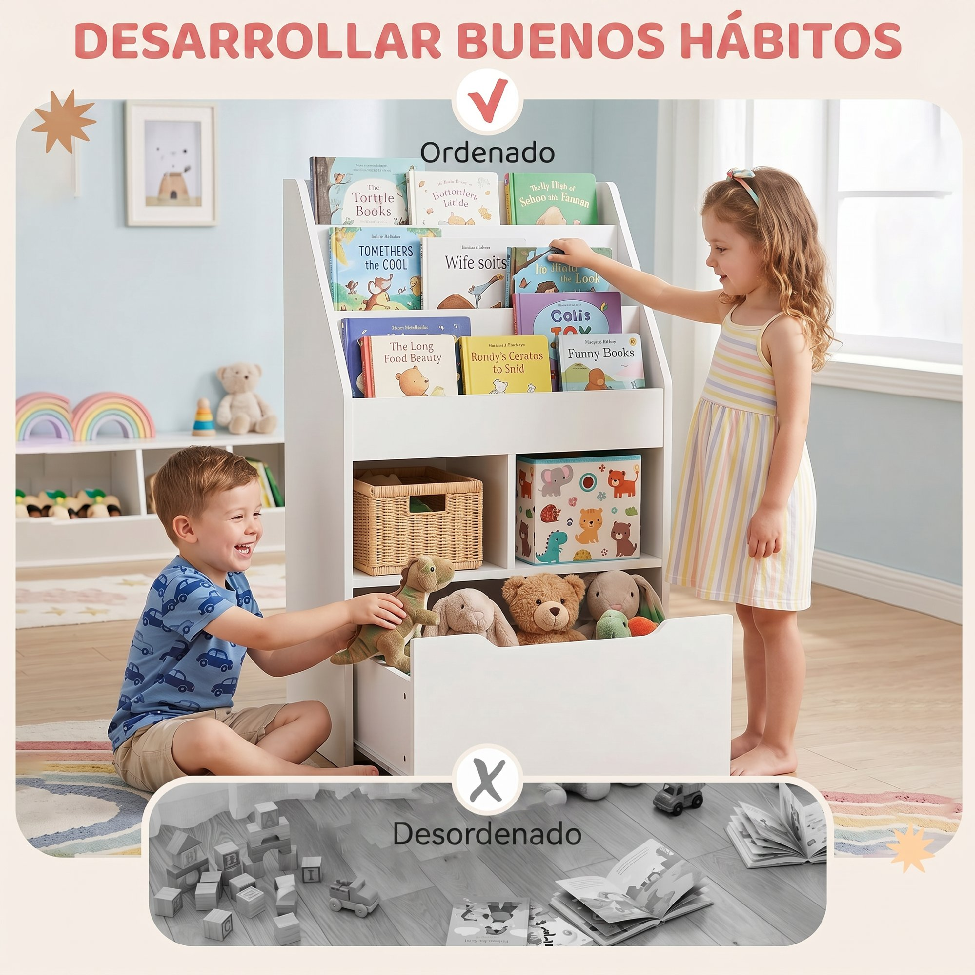 Niños organizando libros y juguetes en un estante blanco.